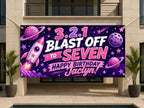 7th Birthday Banner, Space Rocket Party Sign, Girl Photo Backdrop