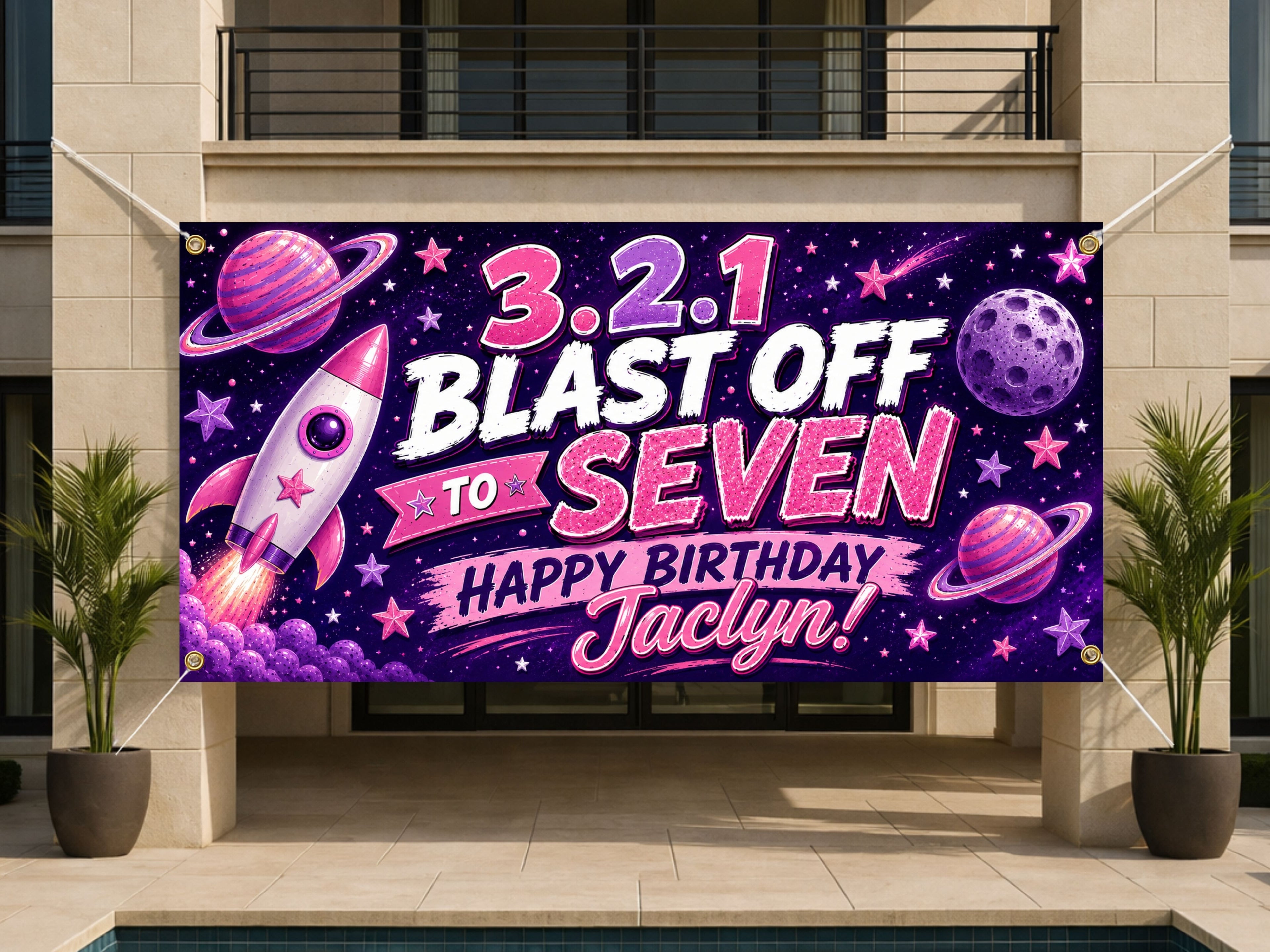 7th Birthday Banner, Space Rocket Party Sign, Girl Photo Backdrop