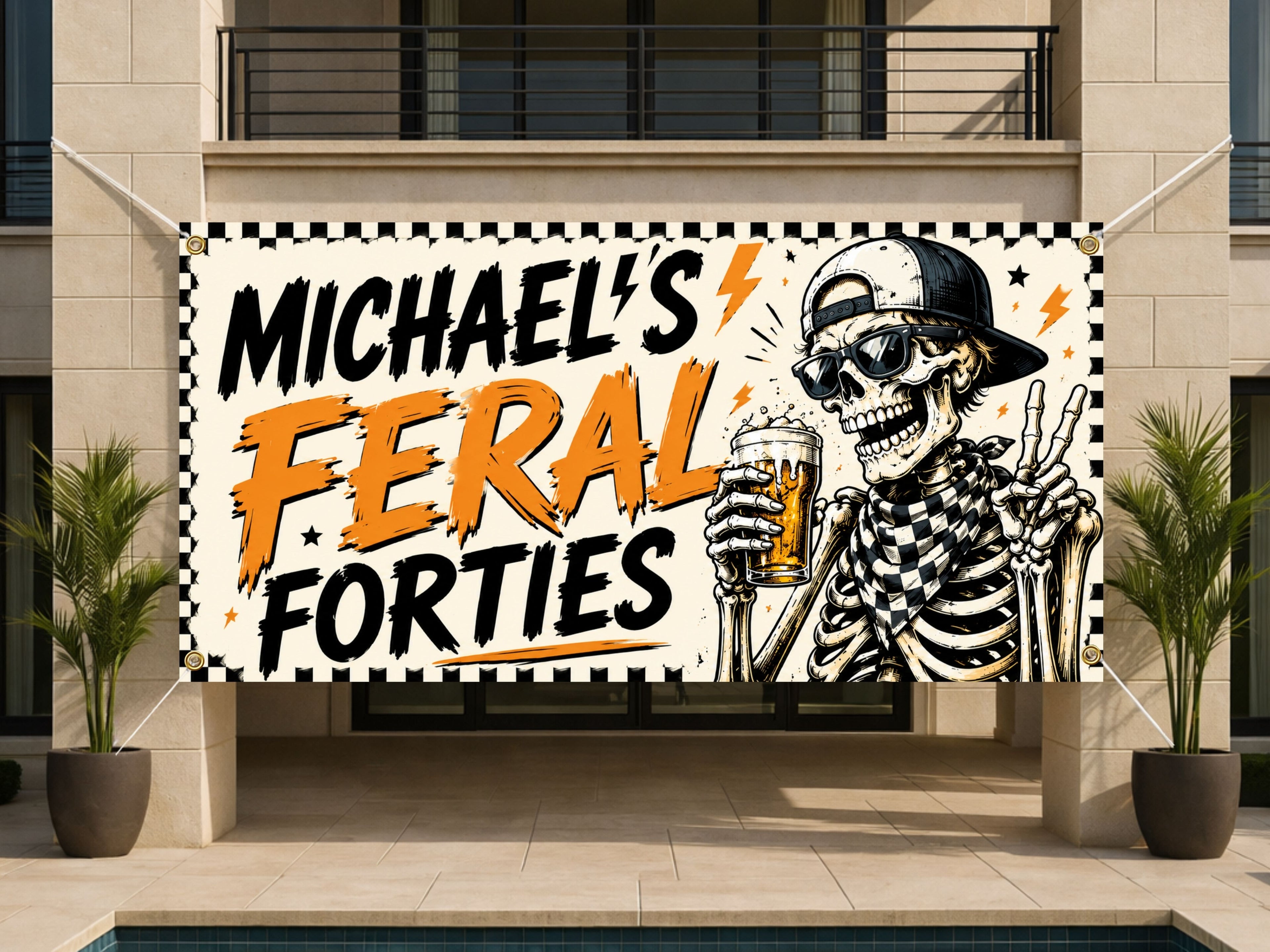 40th Birthday Banner, Feral Forties Party Backdrop, Funny Skeleton Sign