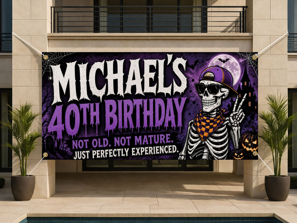 Personalized 40th Birthday Banner, Skeleton Party Sign, Custom Name Backdrop