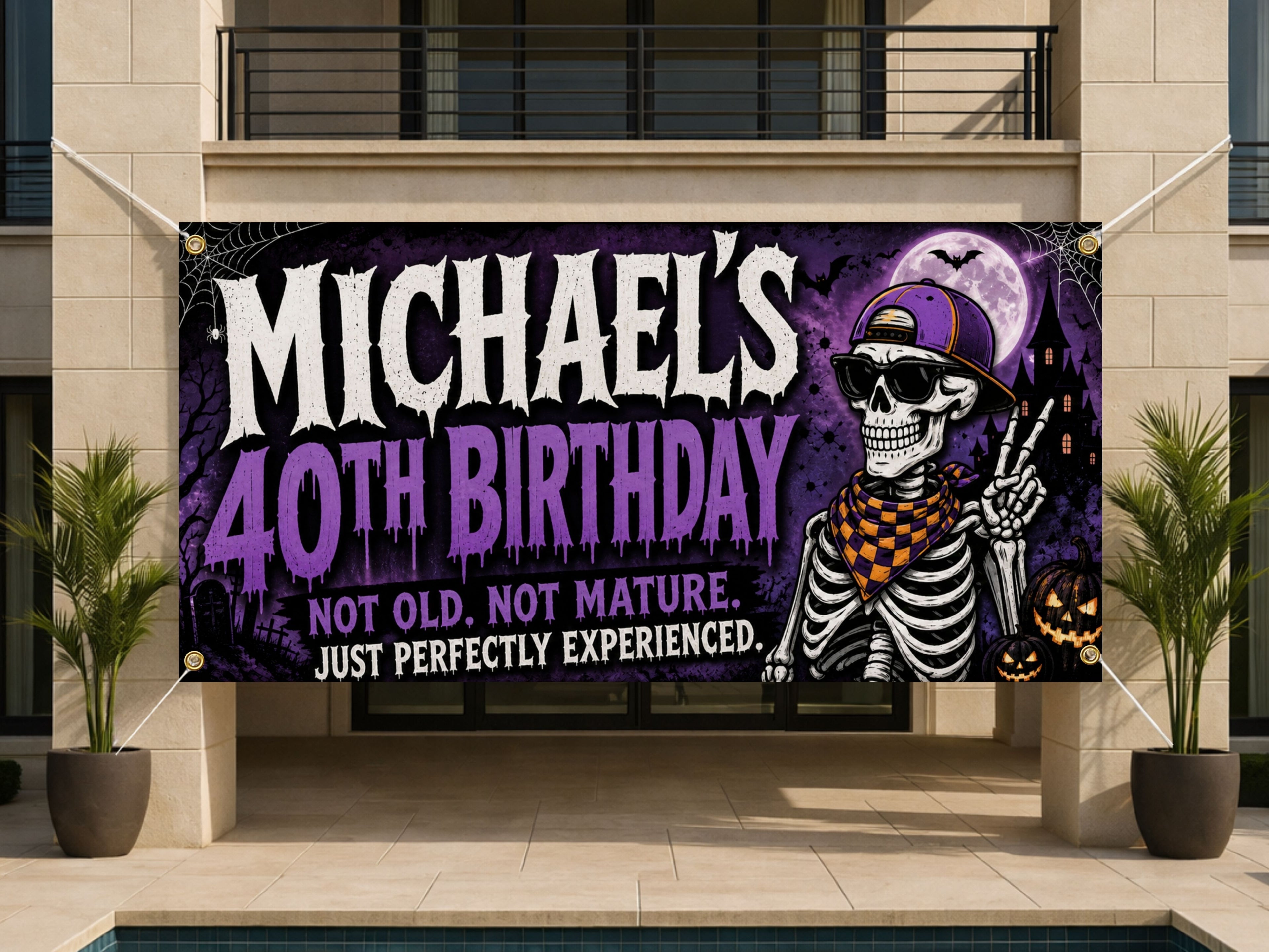 Personalized 40th Birthday Banner, Skeleton Party Sign, Custom Name Backdrop
