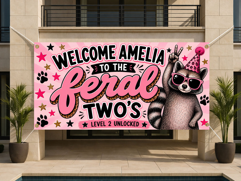 Personalized Feral Two's Birthday Banner, Custom 2nd Birthday Party Decoration, Feral Twos Level 2 Unlocked Sign
