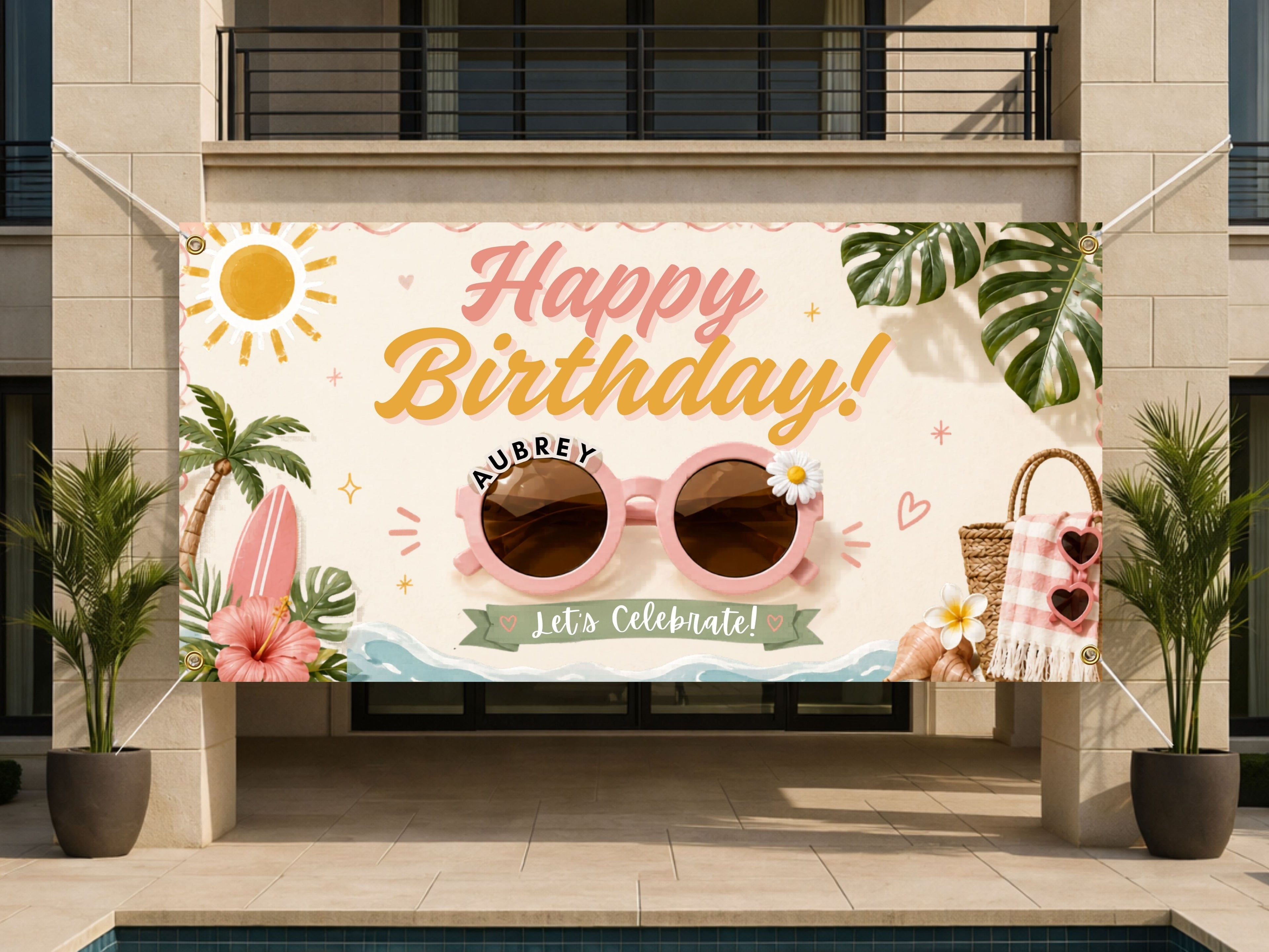 Kids Tropical Birthday Banner, Beach Party Birthday Sign, Summer Birthday Decor