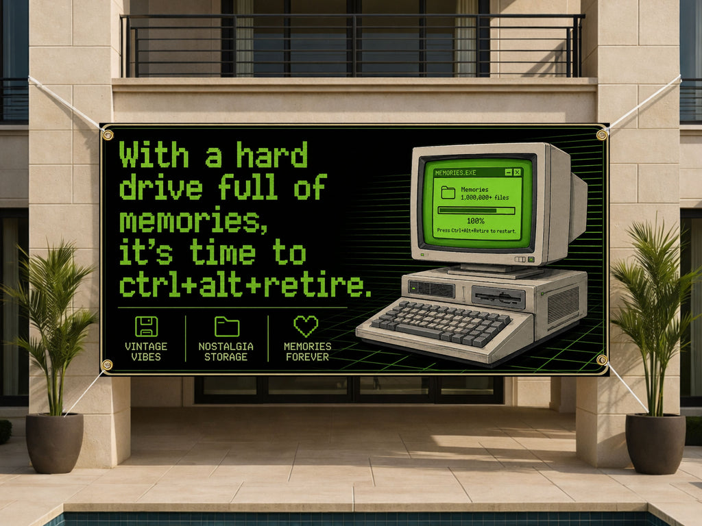 Funny Retirement Banner, Retro Computer Sign, Office Farewell Backdrop