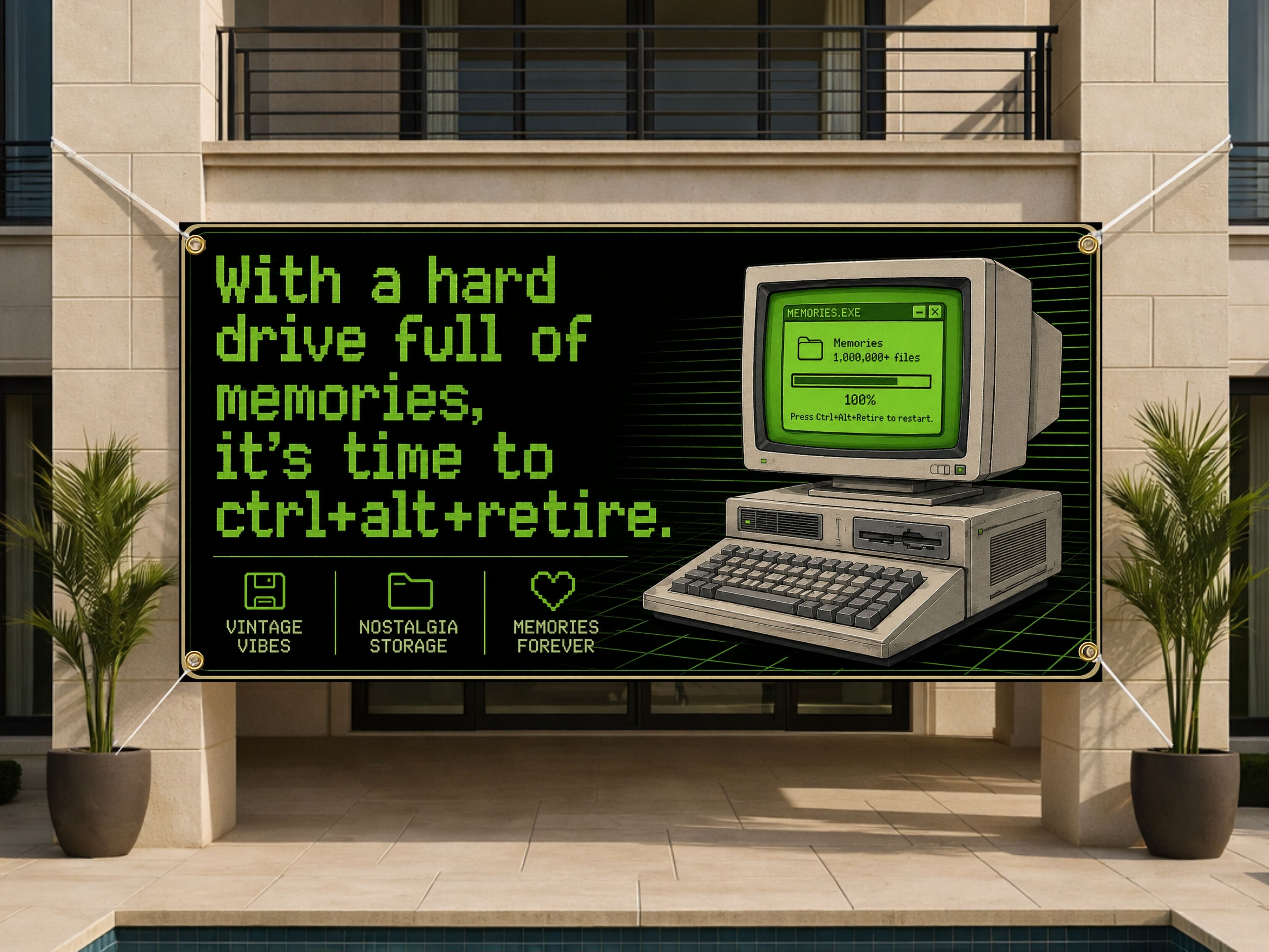 Funny Retirement Banner, Retro Computer Sign, Office Farewell Backdrop