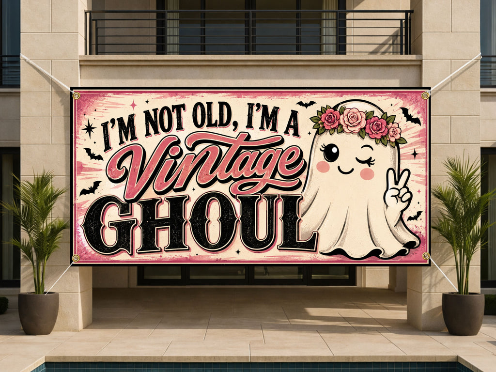 Funny Vintage Ghoul Birthday Banner, Halloween Party Backdrop, Custom Ghost Sign