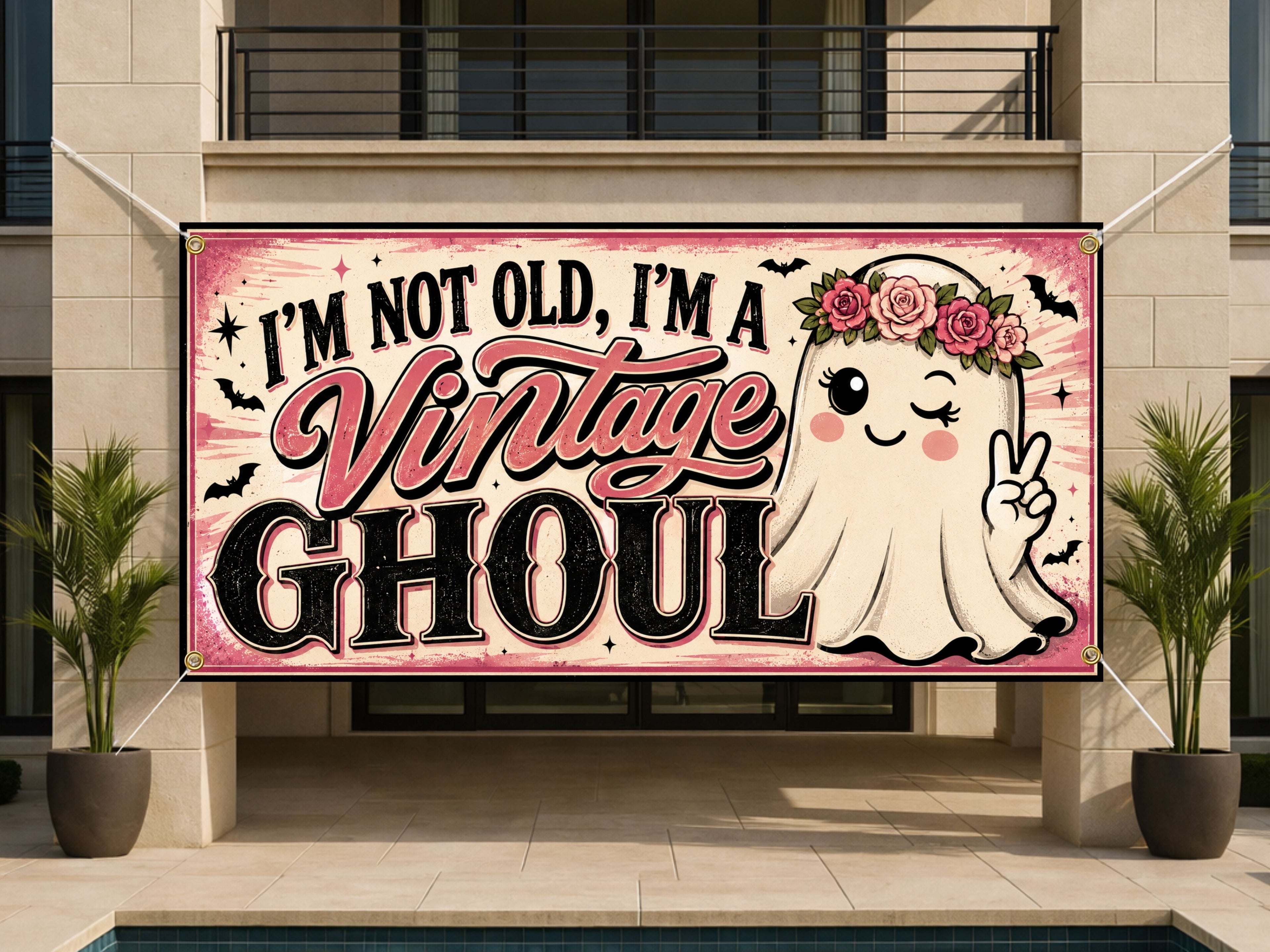 Funny Vintage Ghoul Birthday Banner, Halloween Party Backdrop, Custom Ghost Sign