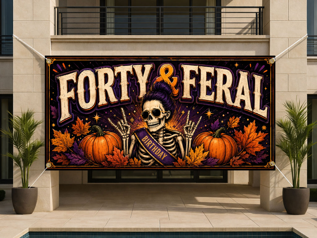Funny 40th Birthday Banner, Skeleton Party Backdrop, Feral Birthday Decor