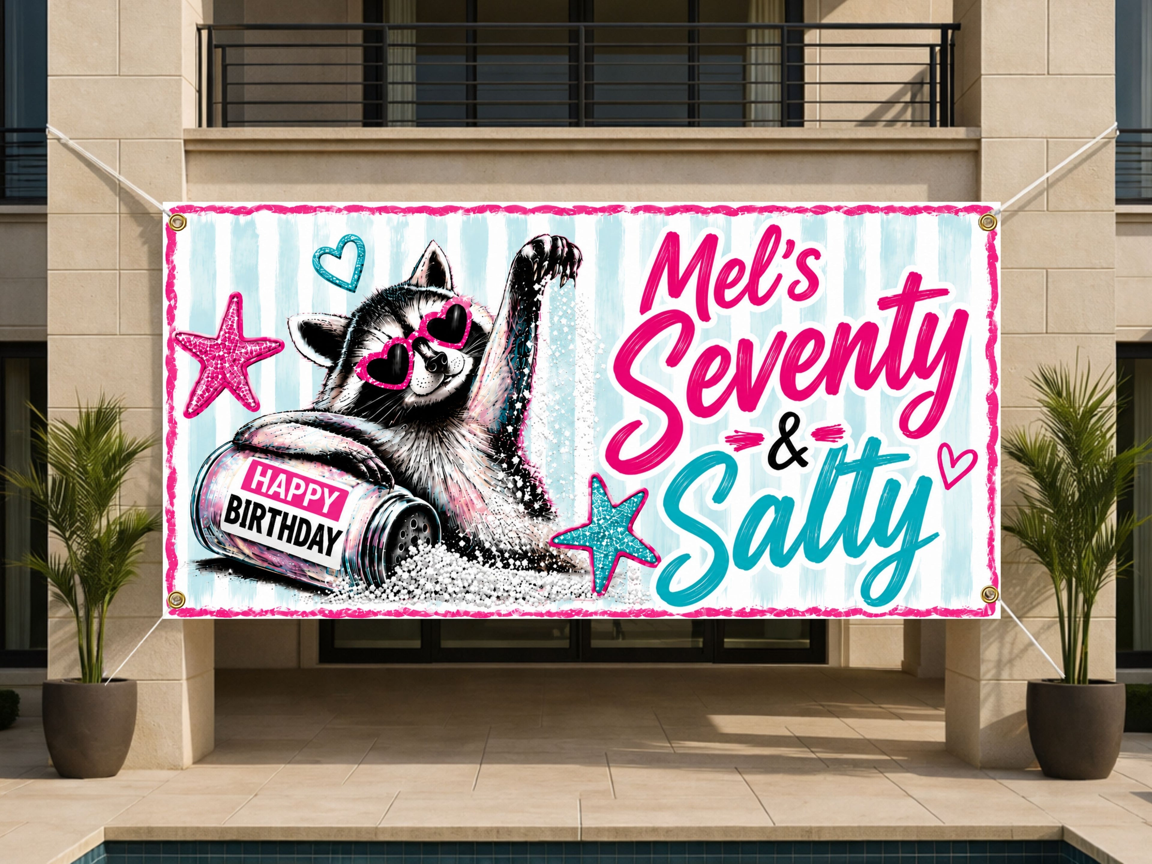 Funny 70th Birthday Banner, Raccoon Party Sign, Salty Backdrop