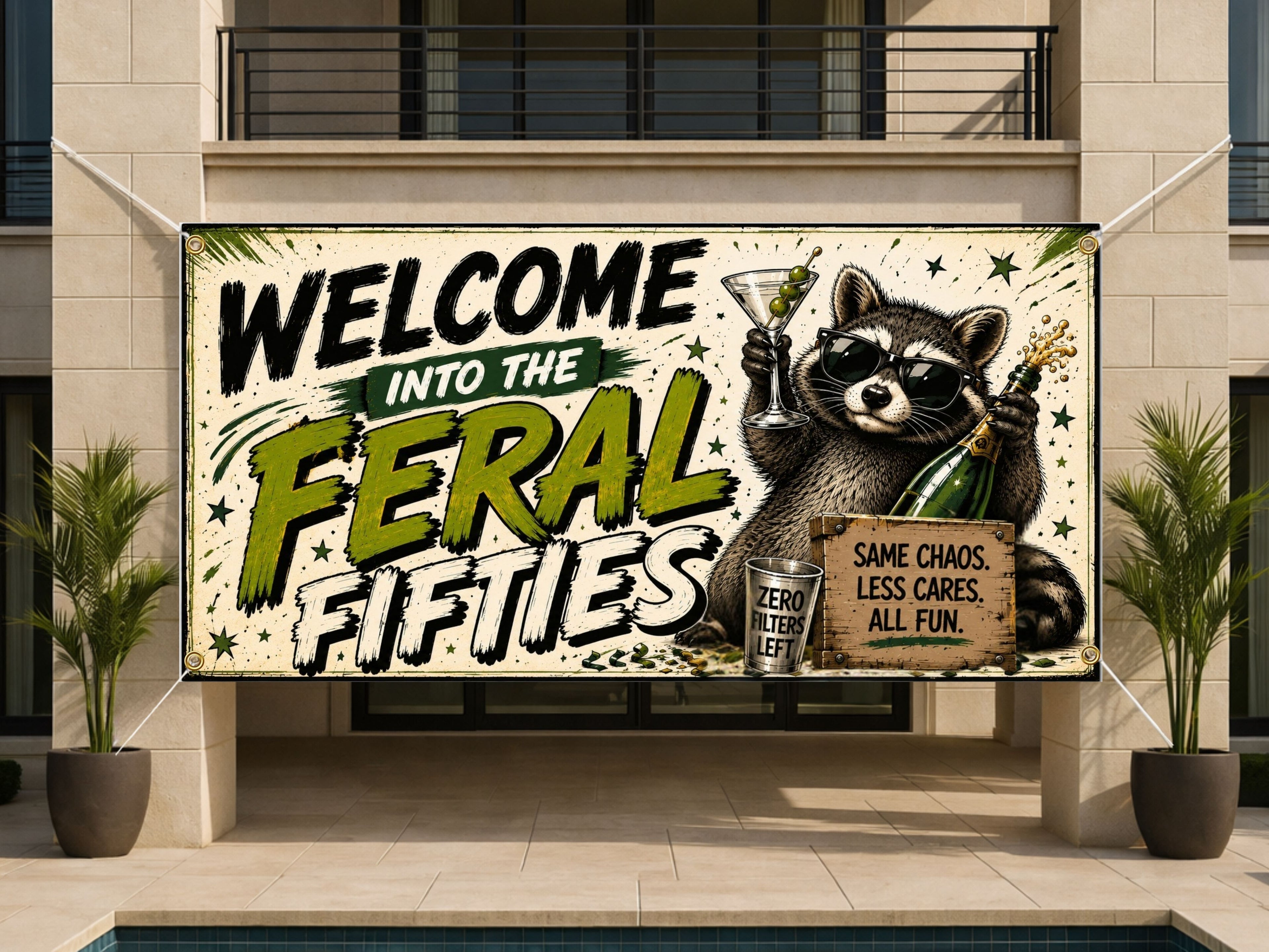Funny 50th Birthday Banner, Feral Raccoon Sign, Party Backdrop