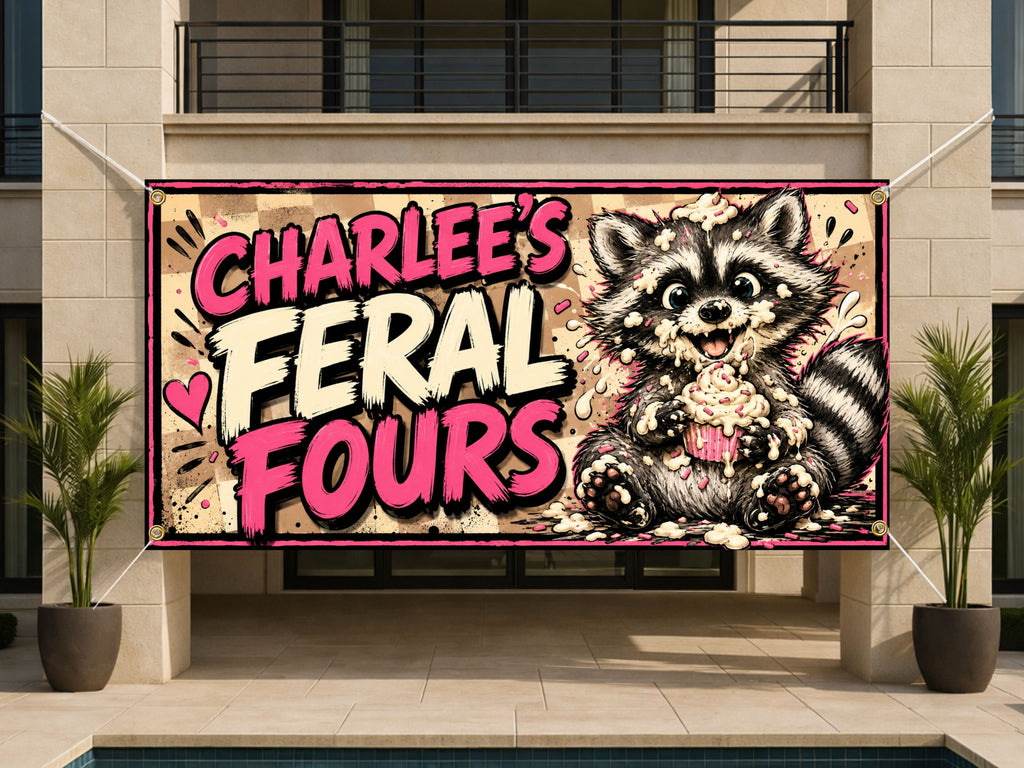 Funny 4th Birthday Banner, Feral Raccoon Sign, Kid Backdrop
