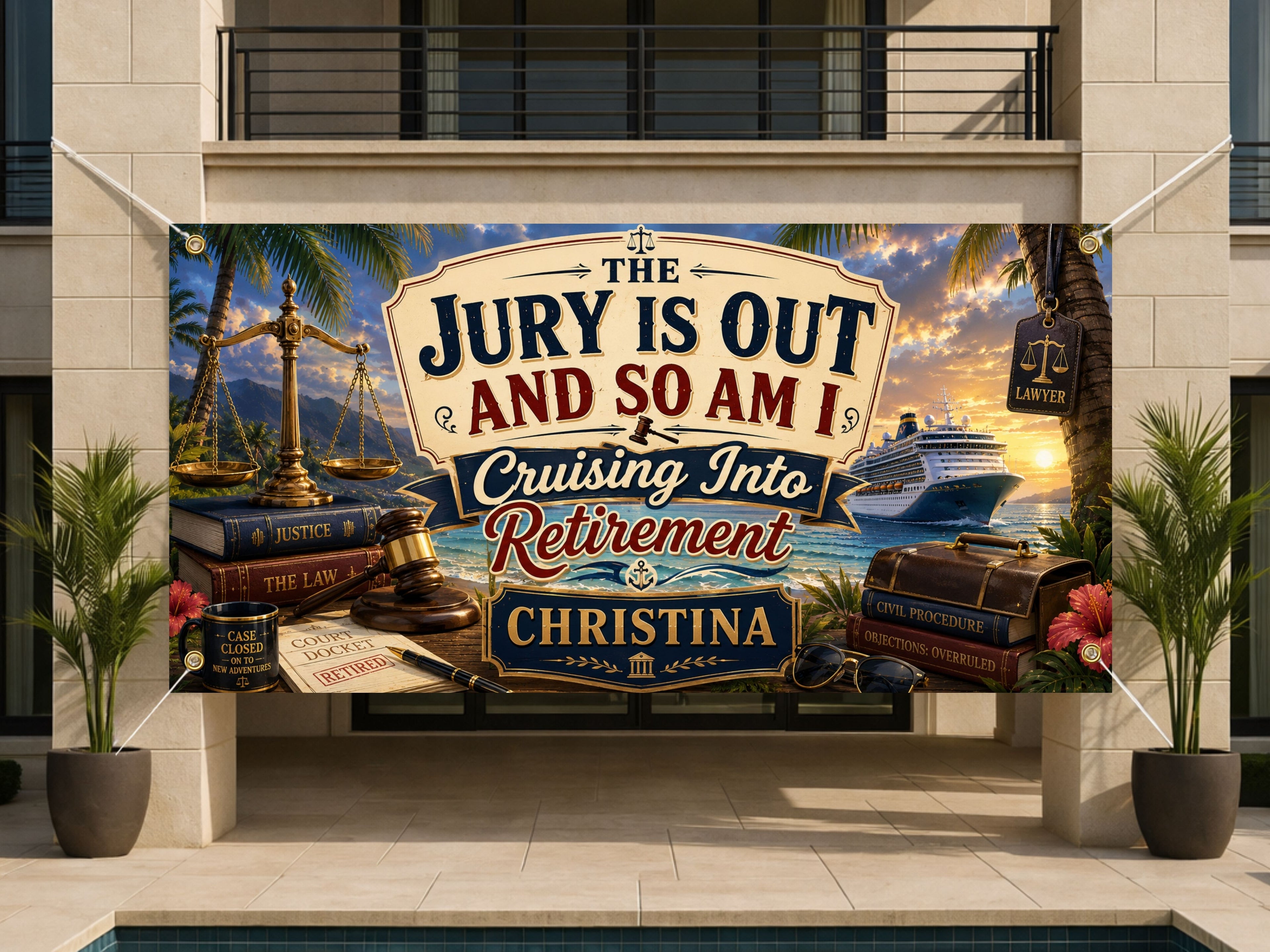 Lawyer Retirement Banner, Jury Is Out Retirement Sign, Cruise Backdrop