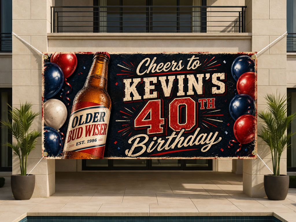Funny 40th Birthday Banner, Beer Party Sign, Man Photo Backdrop