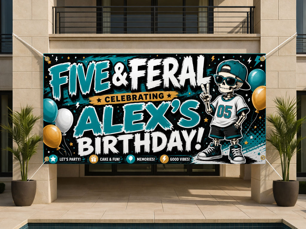 5th Birthday Funny Skeleton Sign Birthday Banner, Five and Feral Birthday Decor