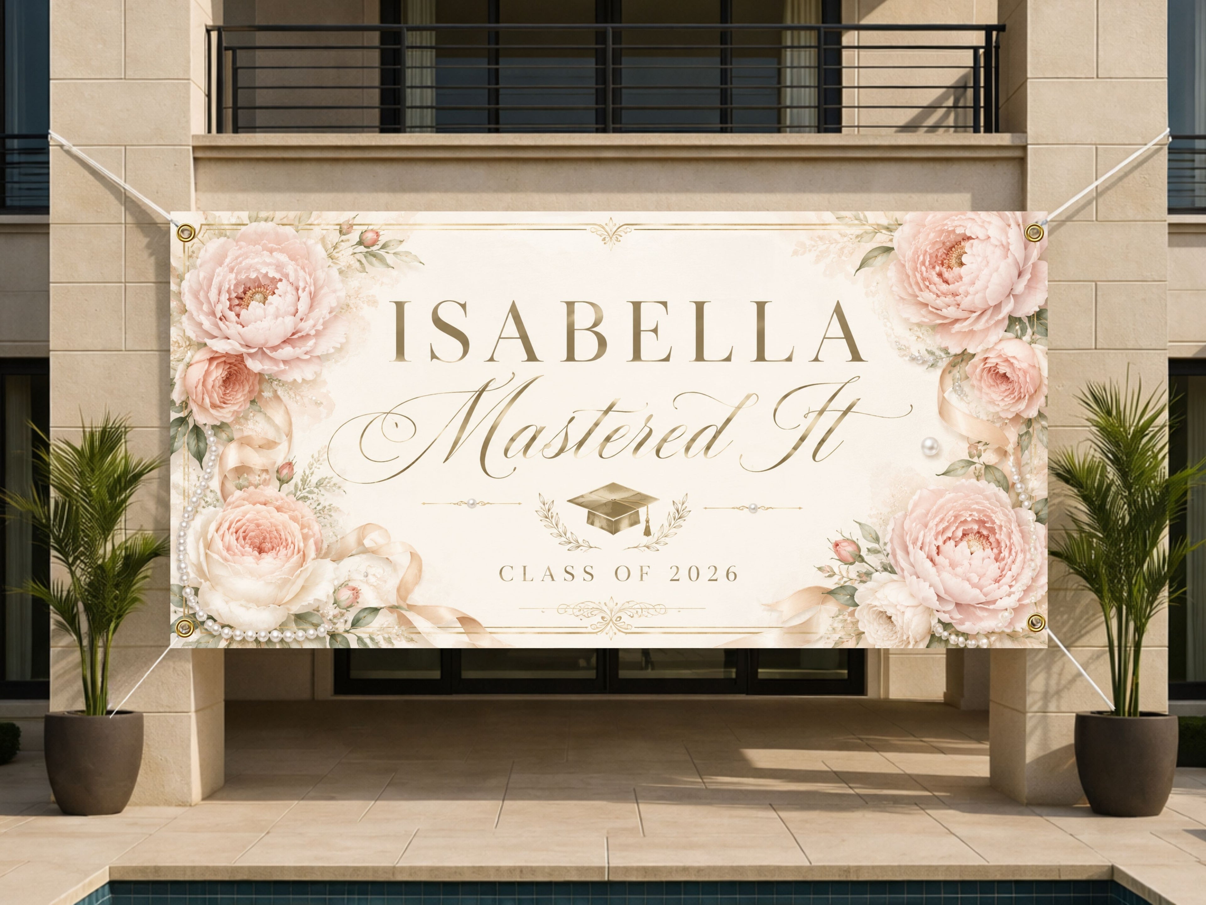Masters Graduation Banner, Personalized Grad Party Sign, Floral Name Backdrop