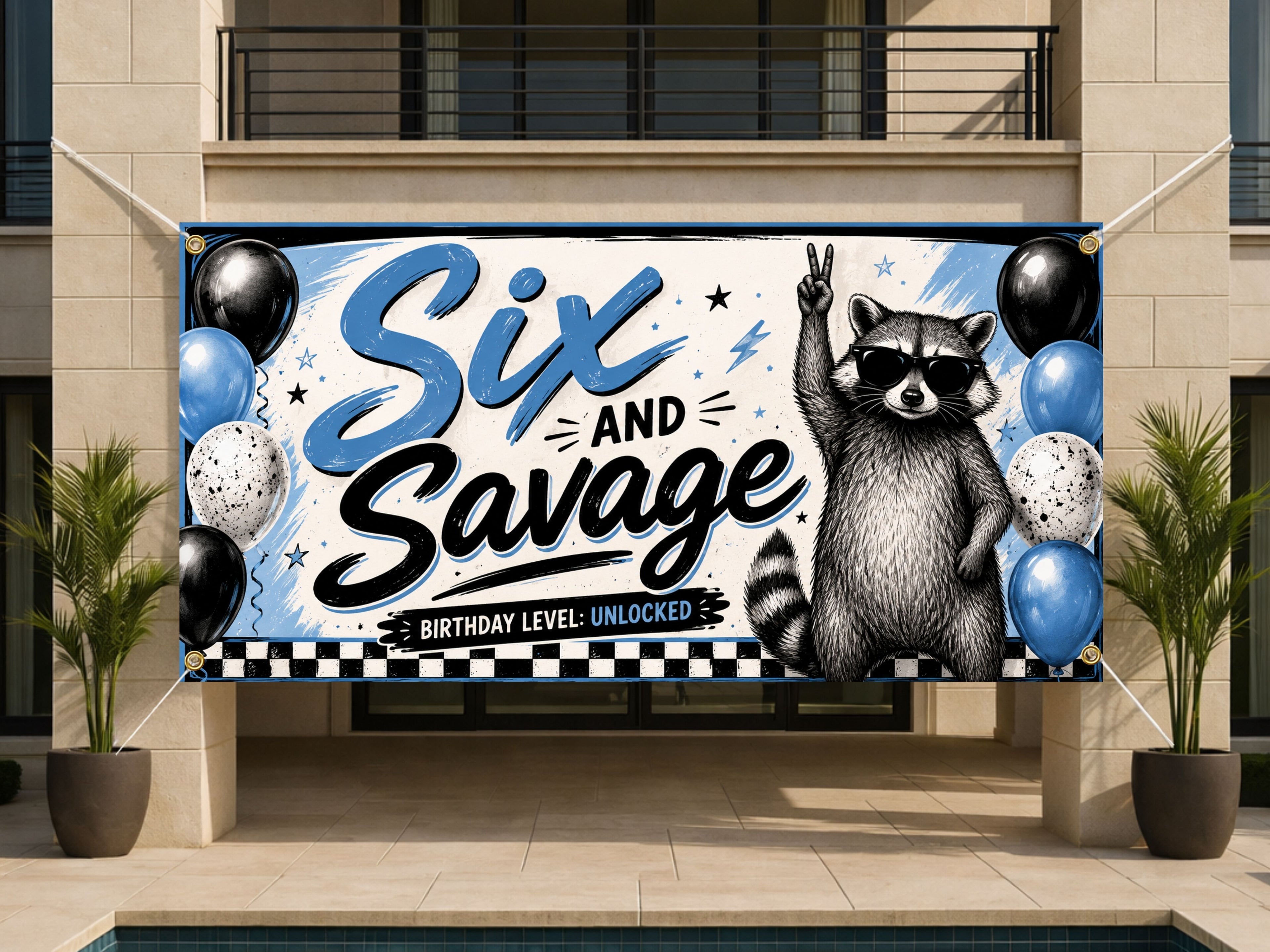 Funny 6th Birthday Banner, Six and Savage Party Sign, Kids Backdrop