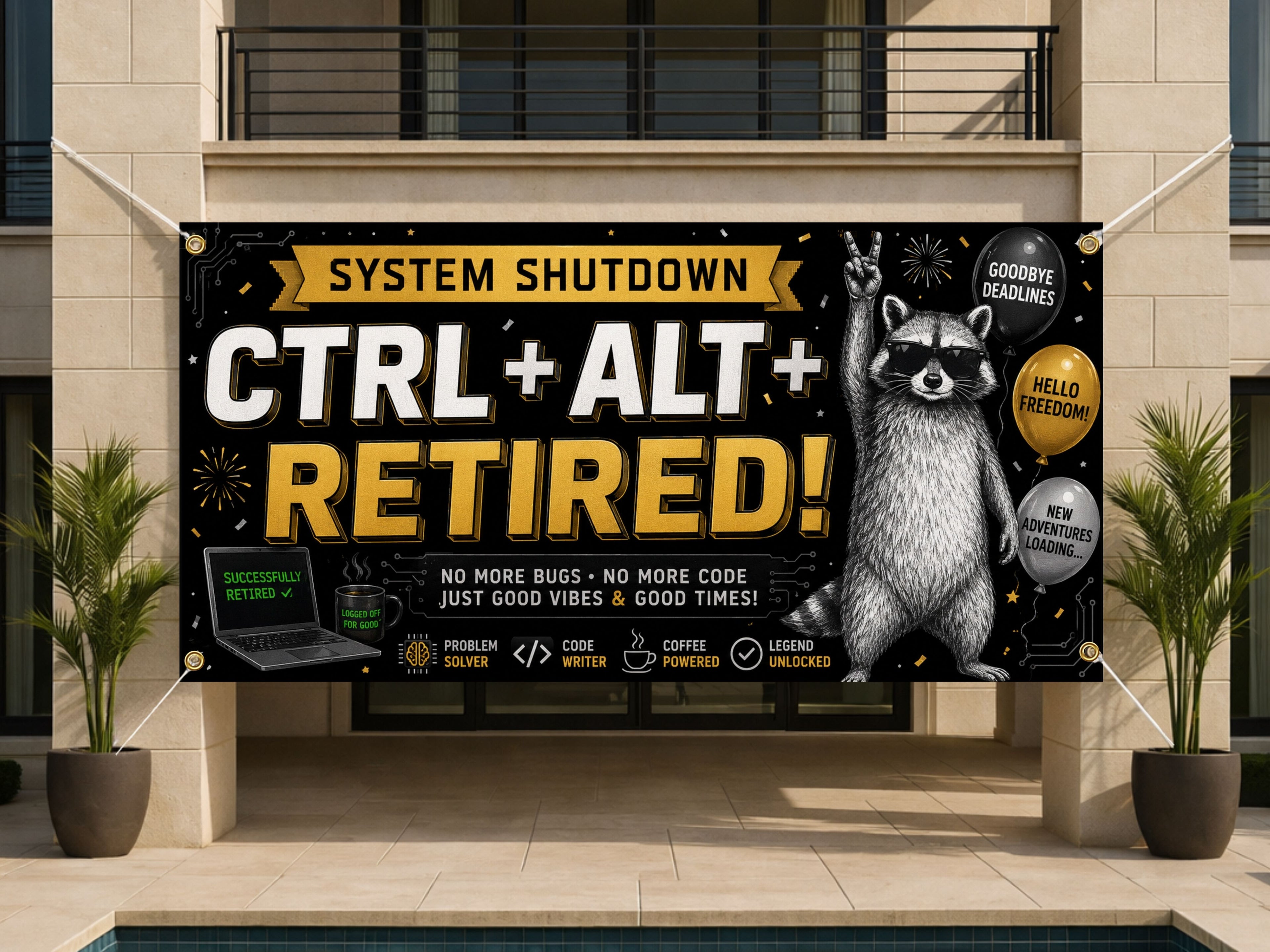 Funny Retirement Banner, Raccoon Party Sign, Office Farewell Backdrop