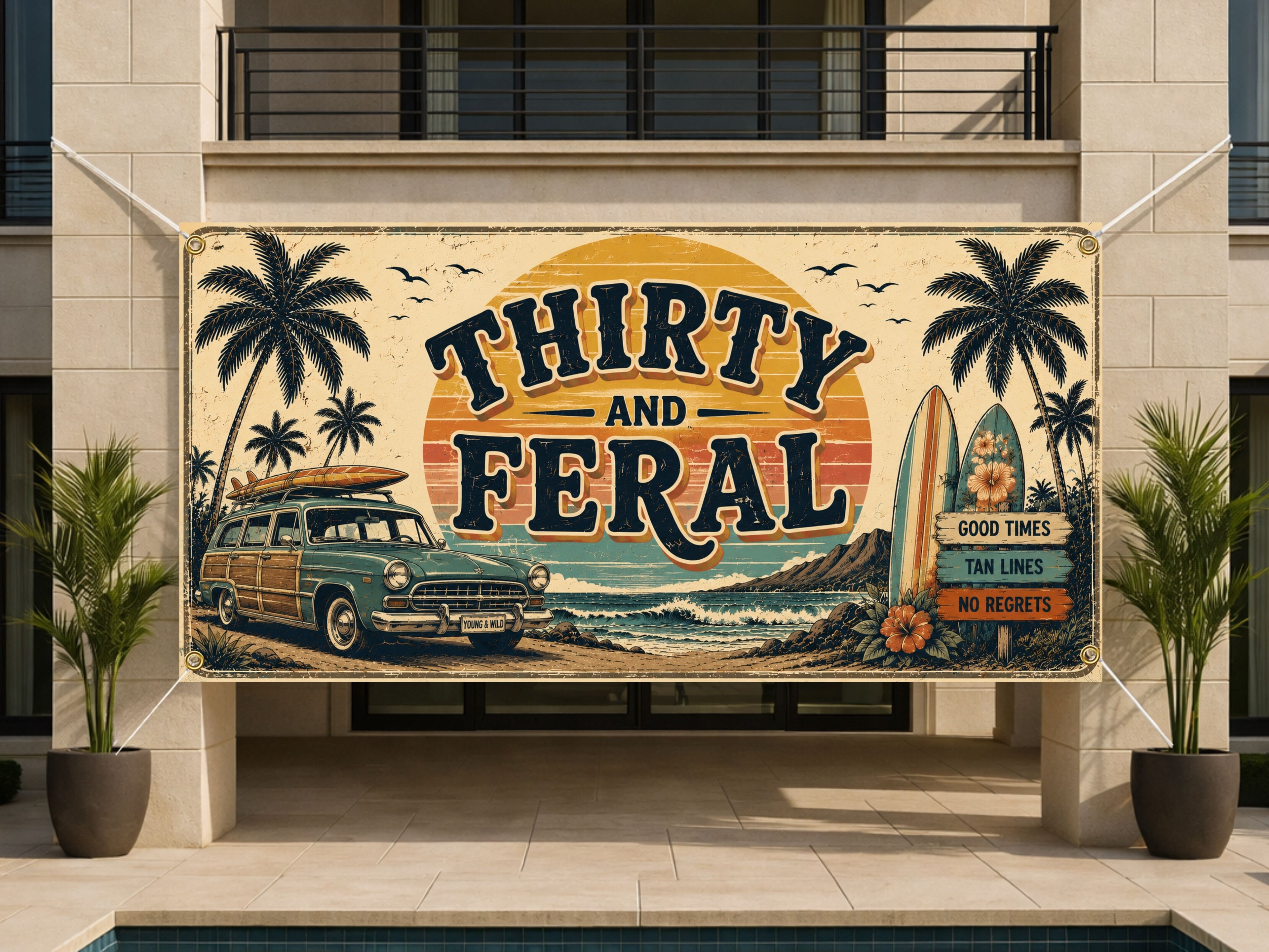Funny 30th Birthday Banner, Thirty and Feral Party Sign, Custom Backdrop