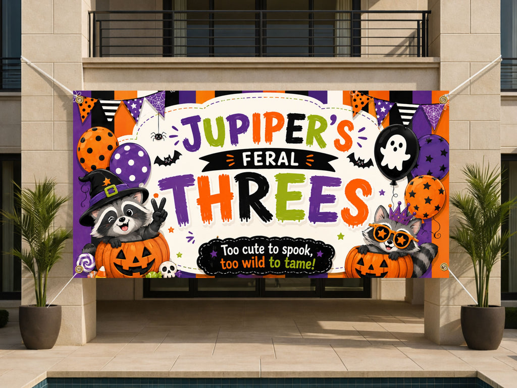 Personalized 3rd Birthday Banner, Feral Threes Raccoon Party Sign, Halloween Backdrop