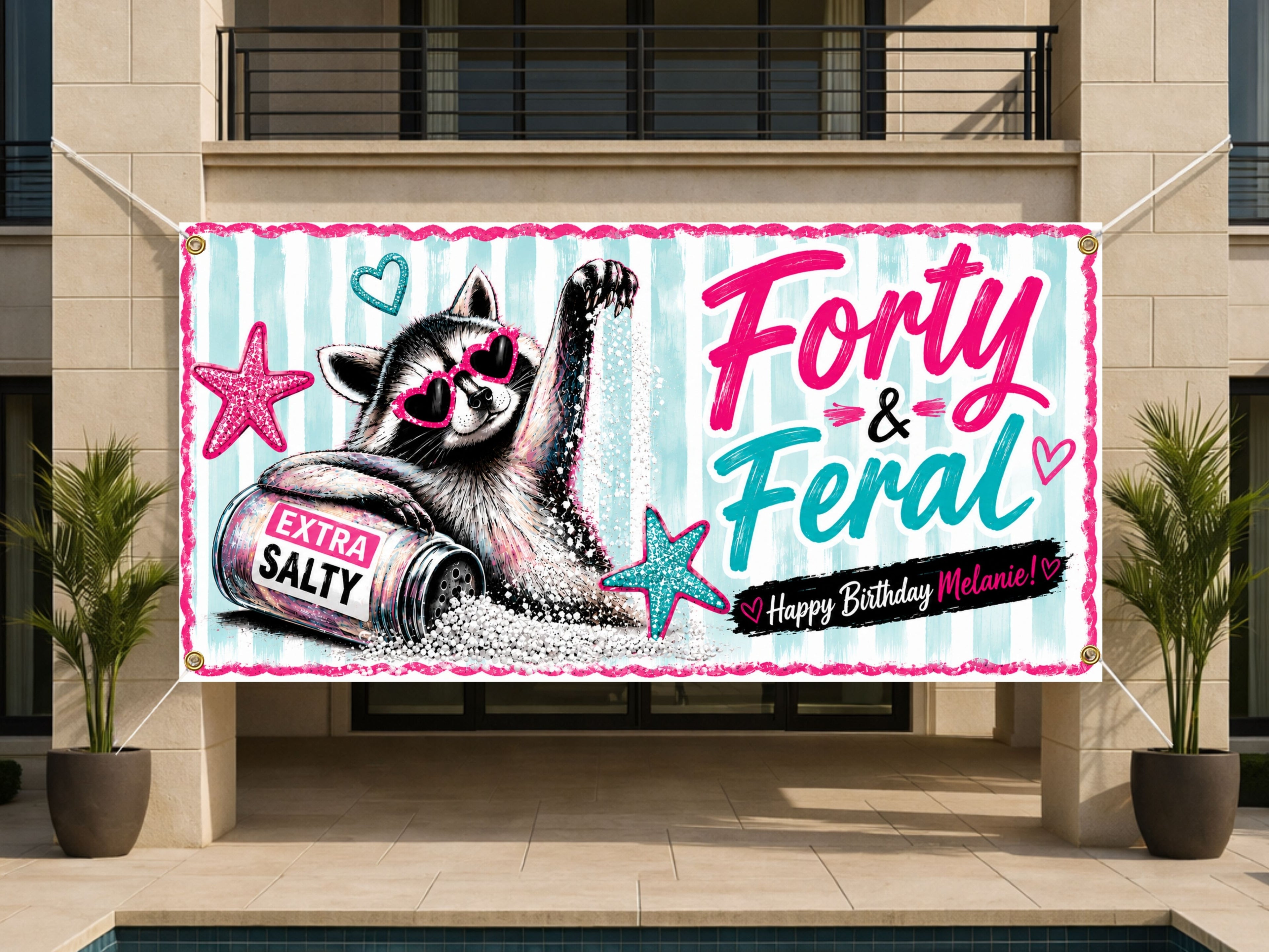 Funny 40th Birthday Banner, Raccoon Party Sign, Feral Backdrop