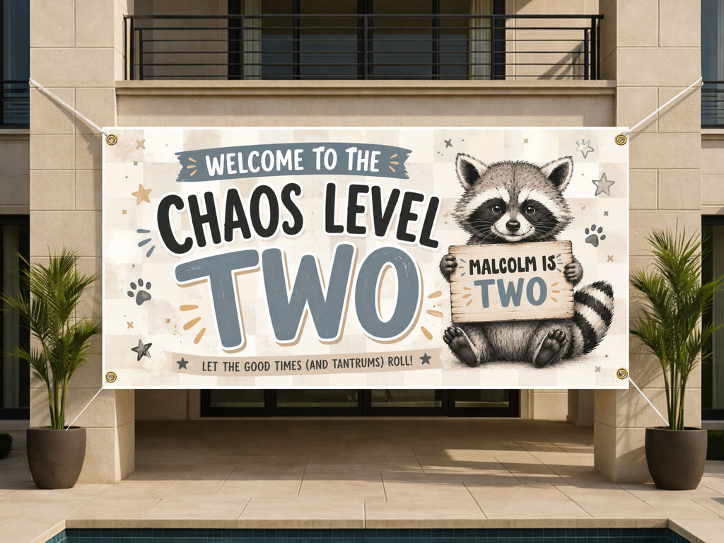 Chaos Level Two Birthday Banner, Raccoon 2nd Birthday Party Decoration, Two Wild Birthday Sign