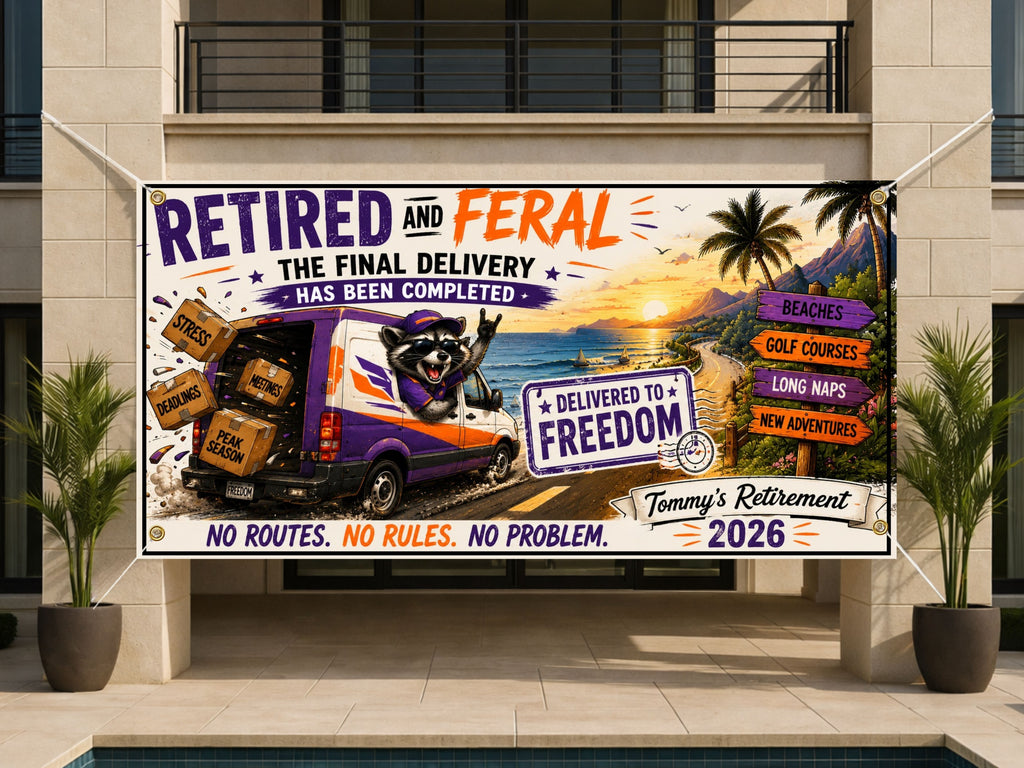 Funny Delivery Driver Retirement Banner | Retired and Feral Delivered to Freedom