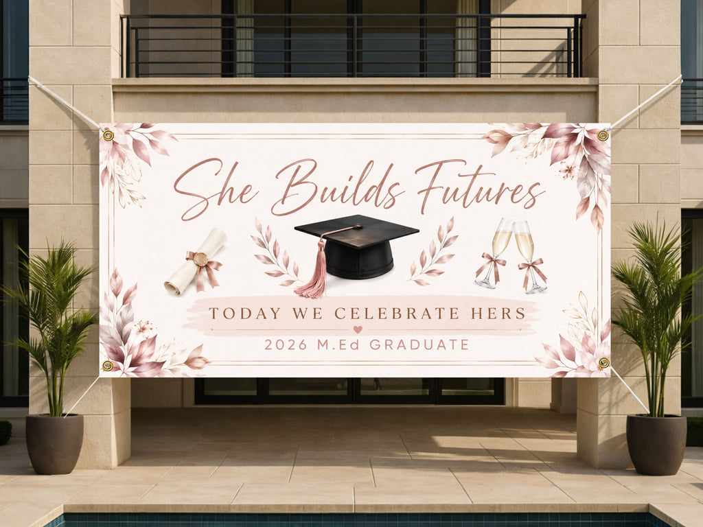 Masters Graduation Banner, MEd Grad Party Sign, Teacher Graduation Backdrop