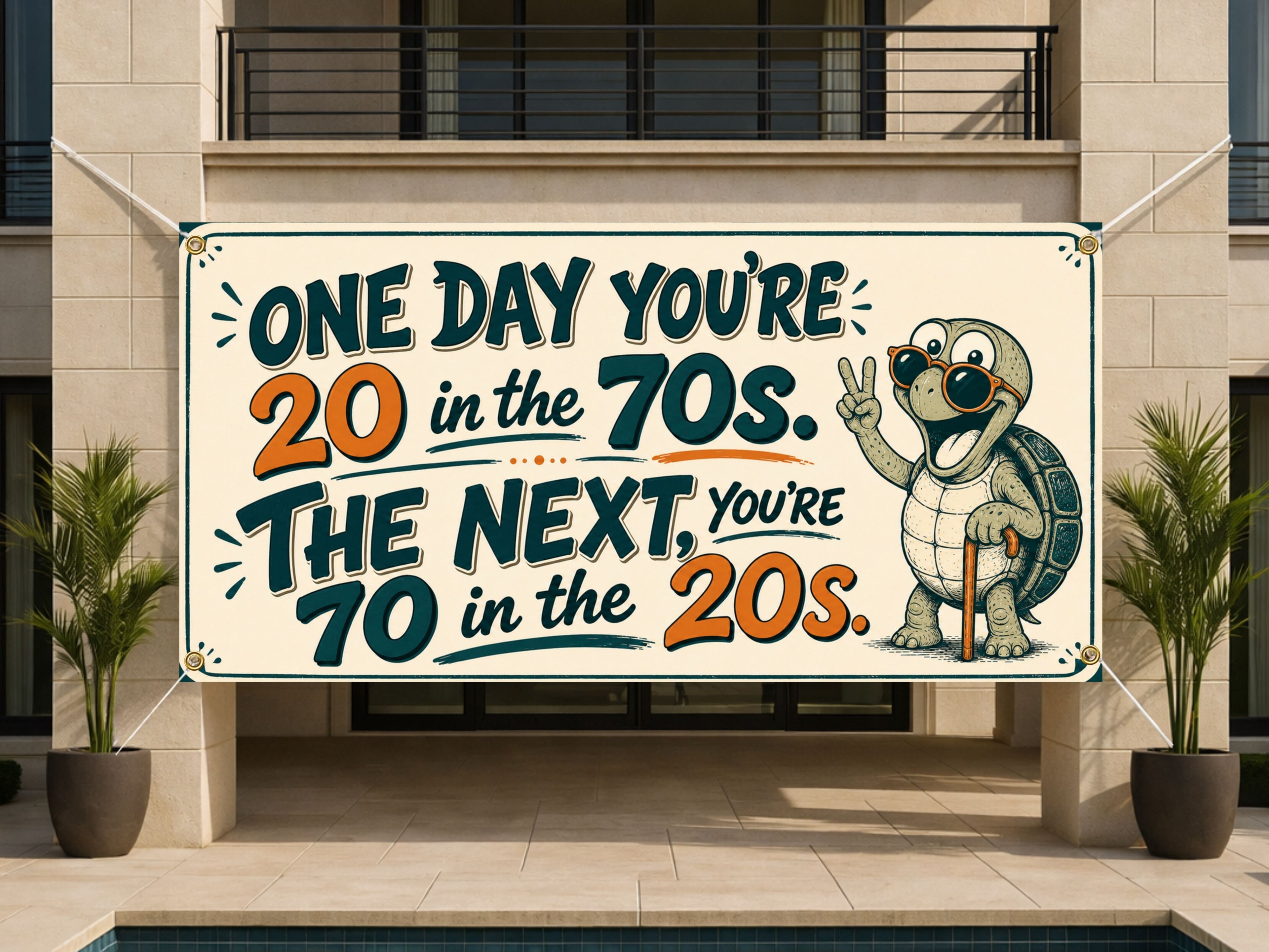 Funny 70th Birthday Banner, Turtle Party Sign, Aging Humor Backdrop