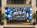 60th Birthday Banner, Sixty and Savage Sign, Raccoon Backdrop