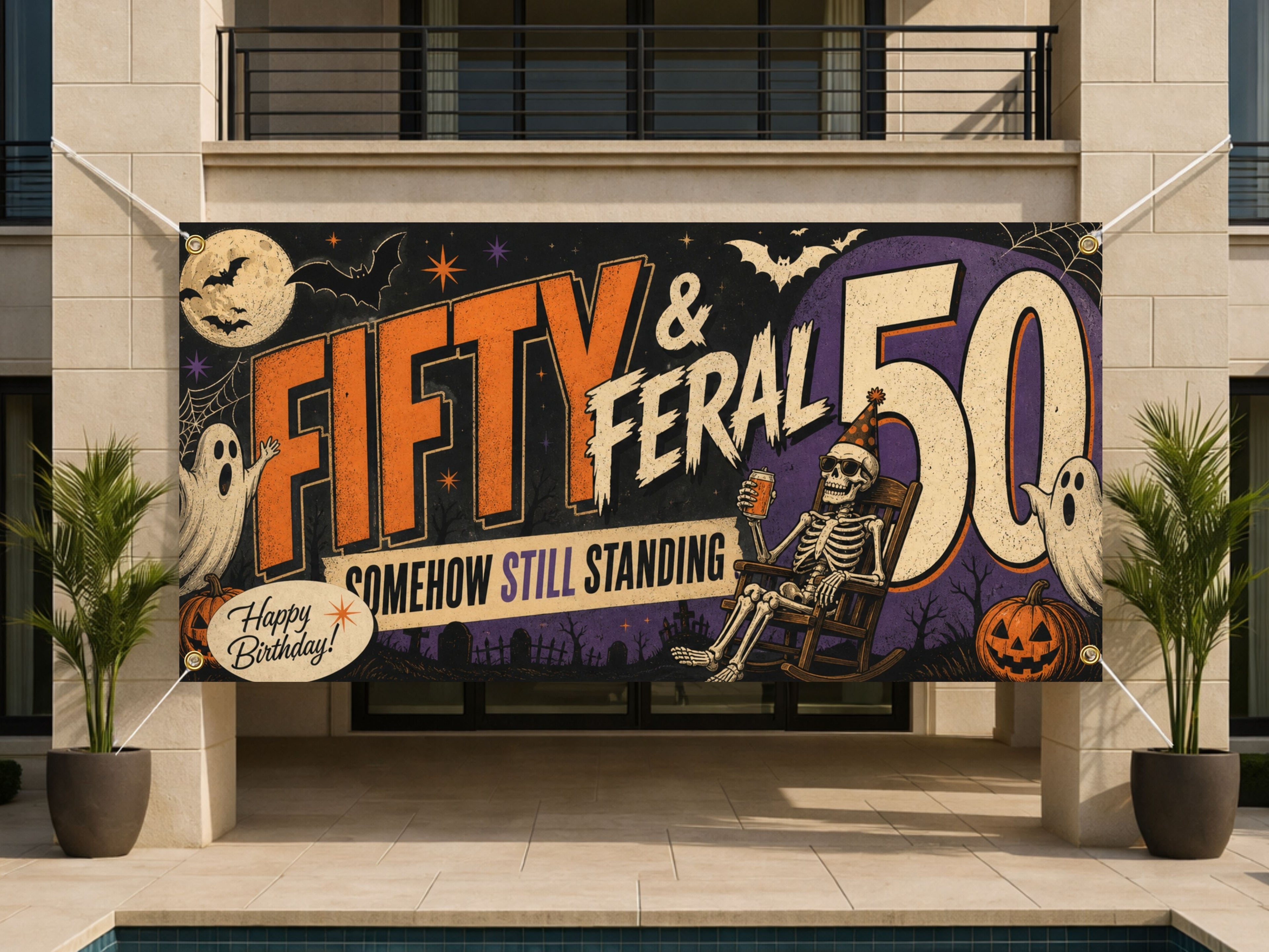 Funny 50th Birthday Banner, Fifty And Feral Skeleton Party Sign, Halloween Backdrop