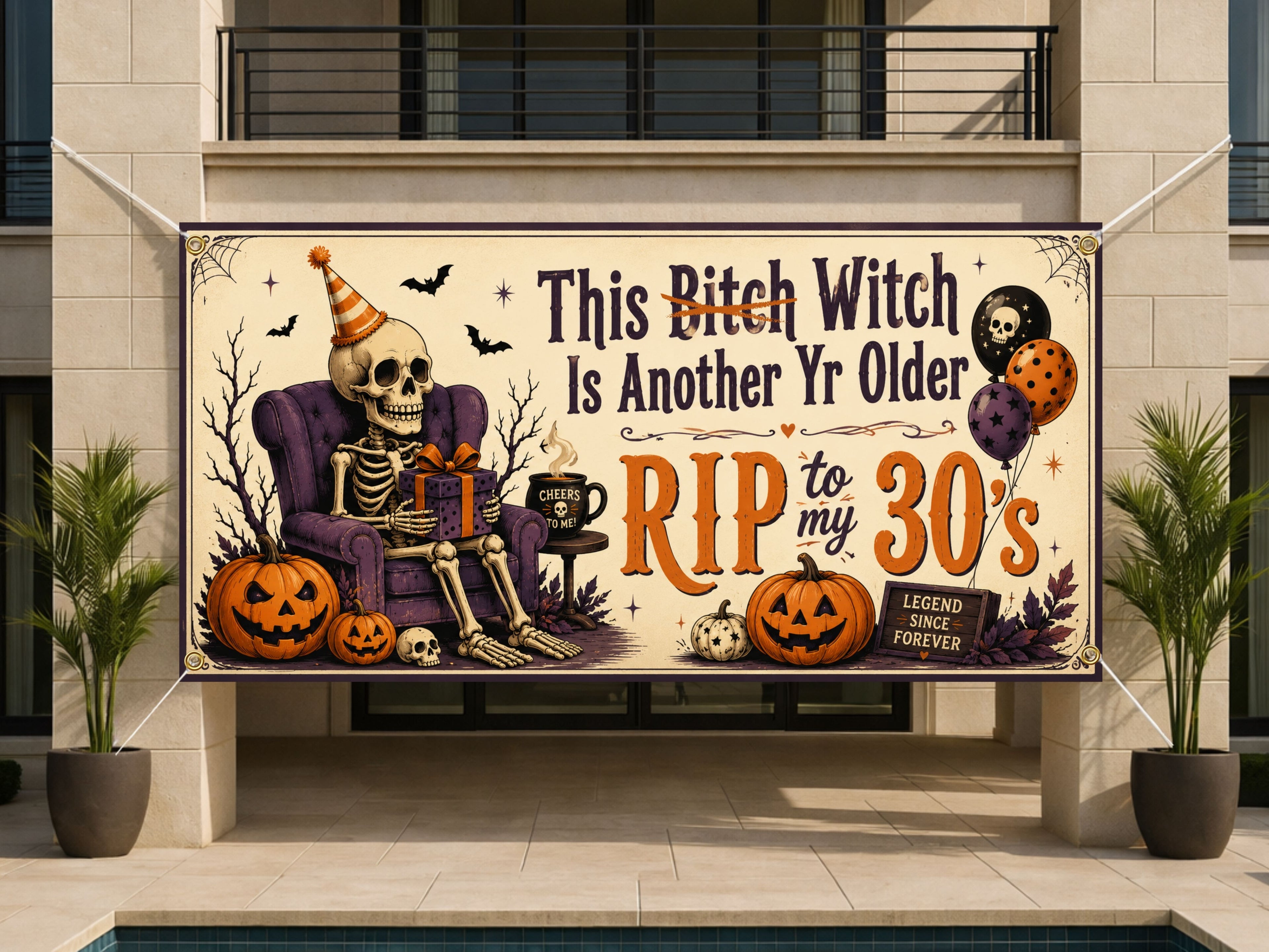 Funny 40th Birthday Banner, Skeleton Birthday Backdrop, Halloween Party Decor