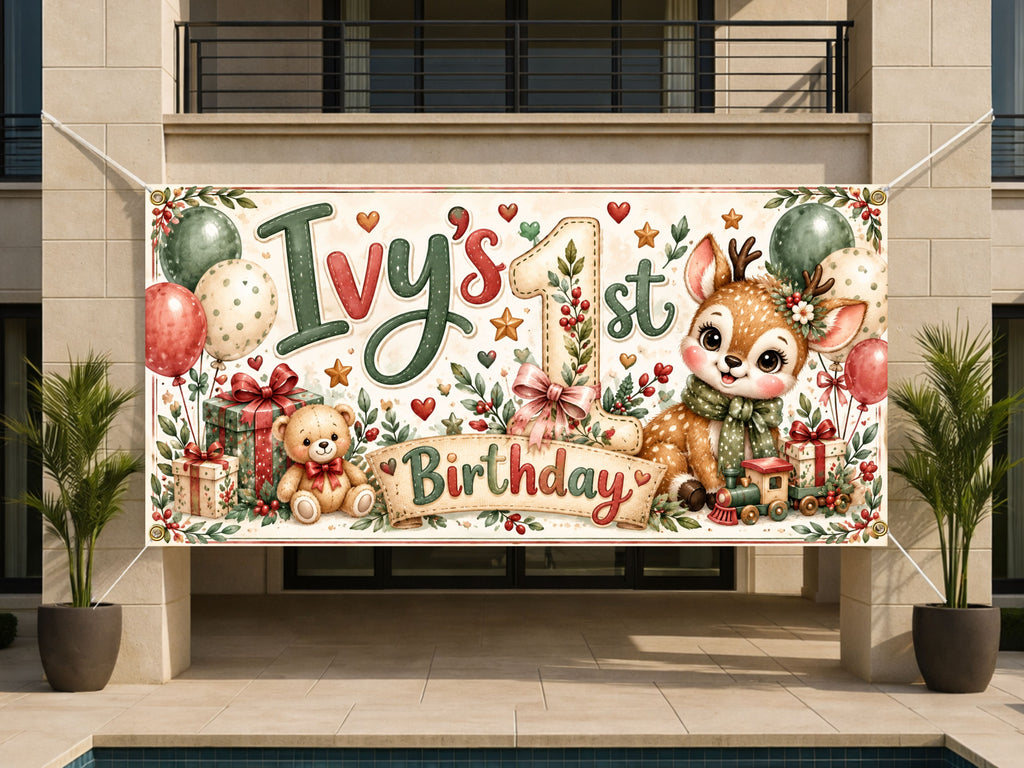 Christmas Fawn First Birthday Banner