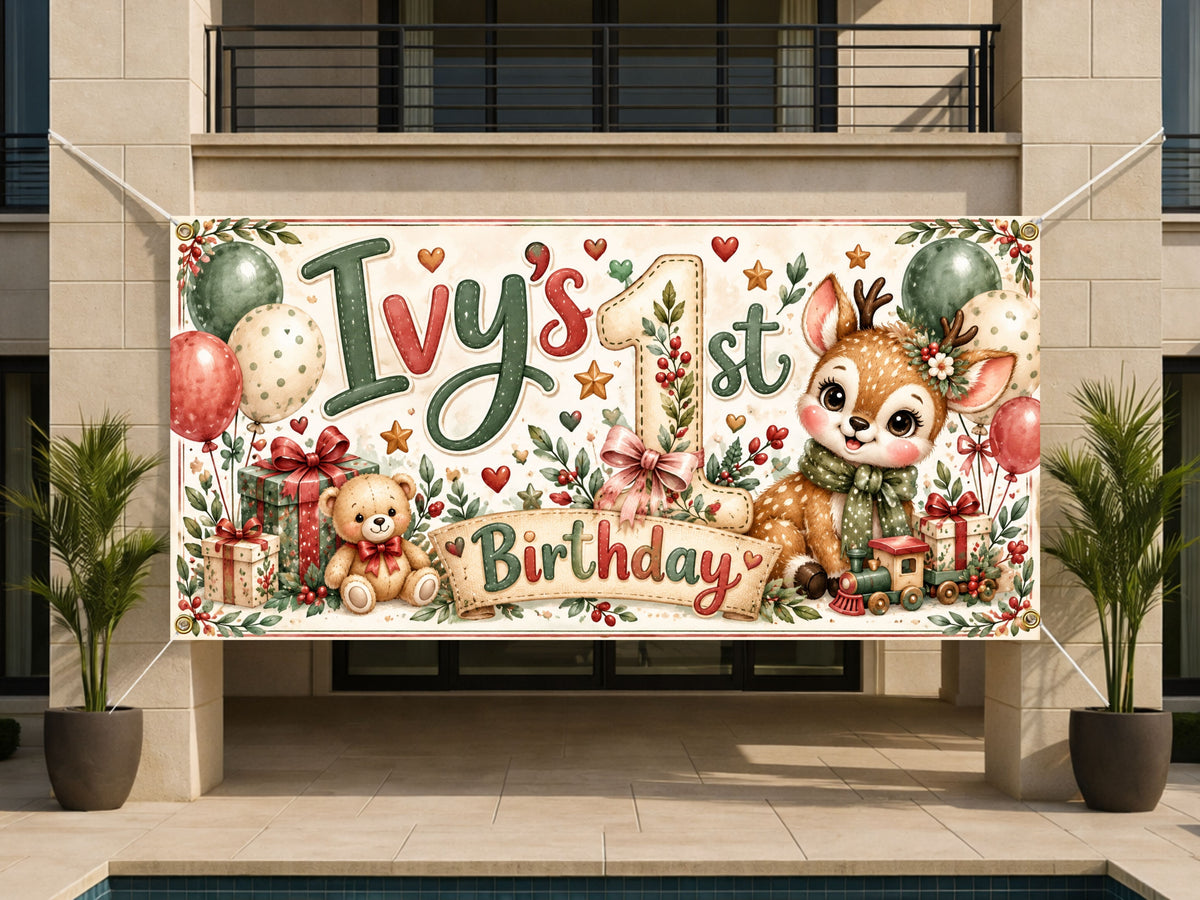Christmas Fawn First Birthday Banner