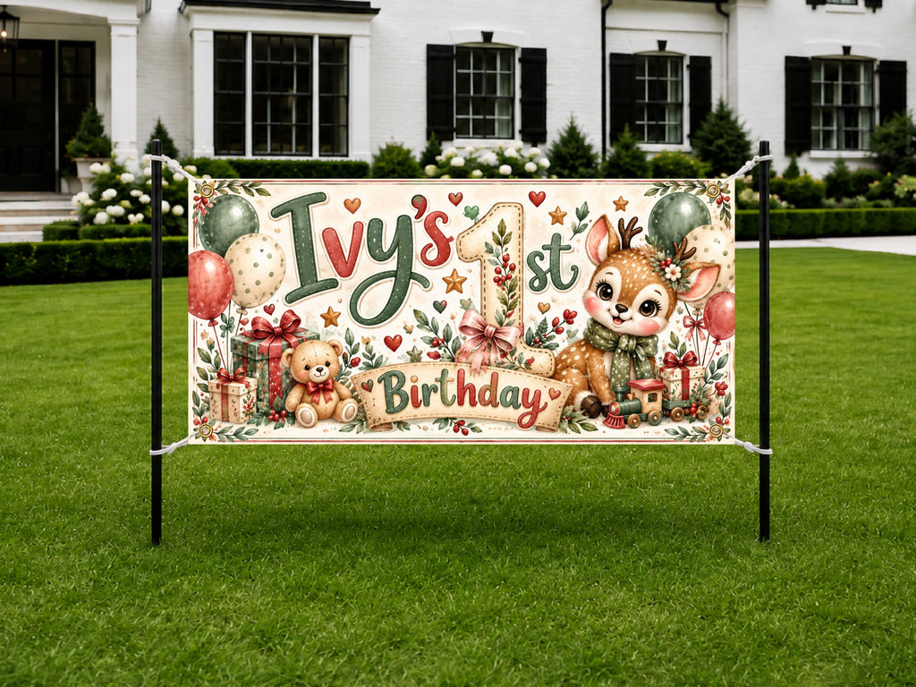 Christmas Fawn First Birthday Banner