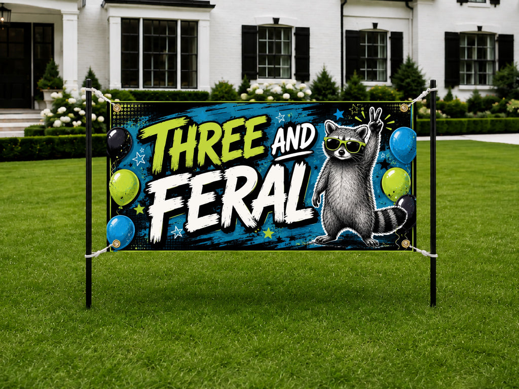Funny 3rd Birthday Banner, Three and Feral Party Sign, Kids Photo Backdrop