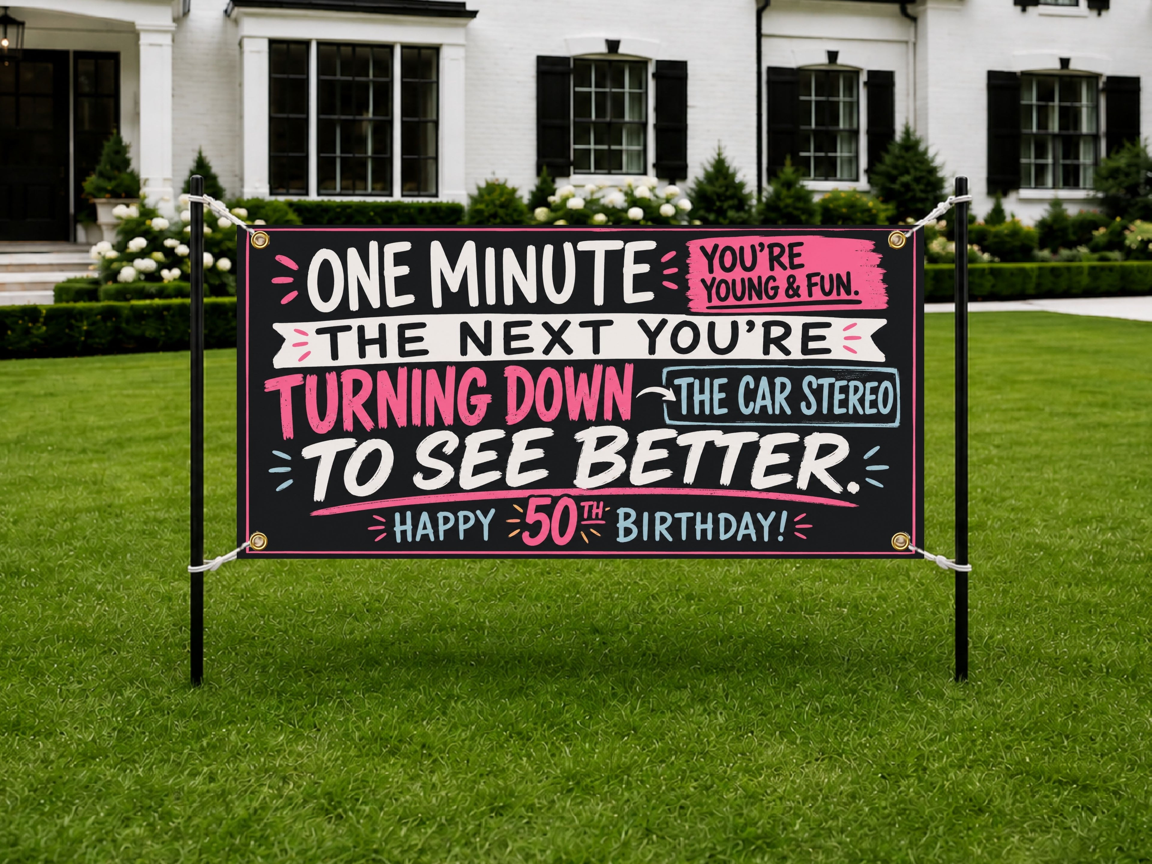 Funny 50th Birthday Banner, Car Stereo Joke Sign, Party Backdrop