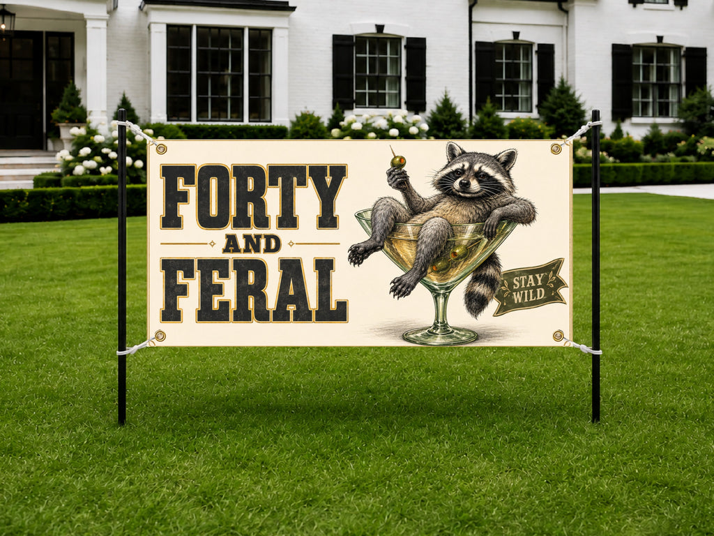 Funny 40th Birthday Banner, Forty And Feral Sign, Martini Party Backdrop
