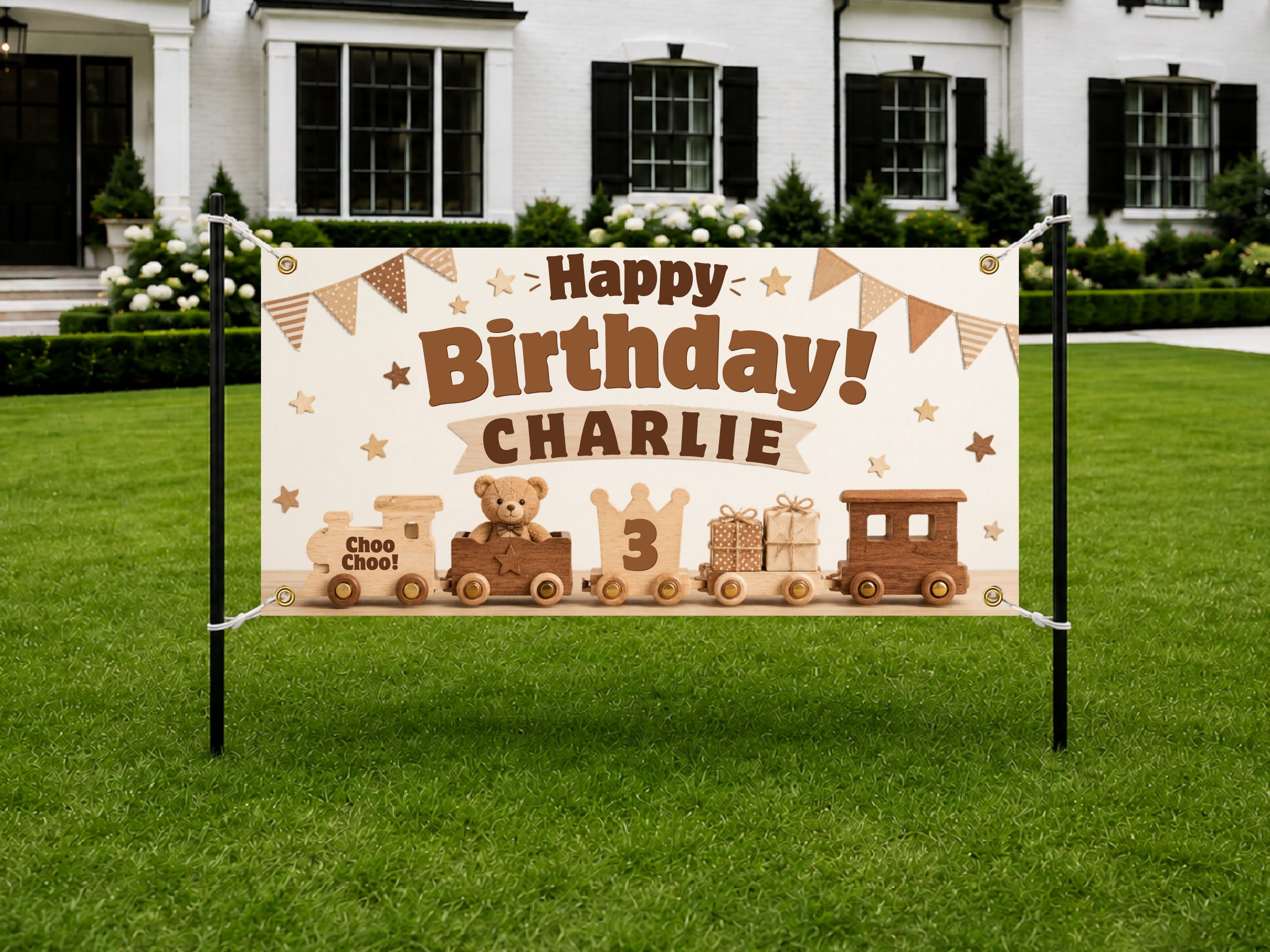 3rd Birthday Banner, Wooden Train Party Sign, Personalized Kids Birthday Banner