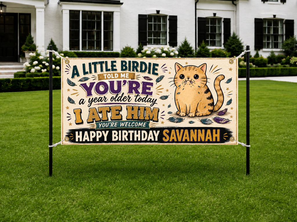 Funny Cat Birthday Banner, Birdie Joke Party Sign, Photo Backdrop