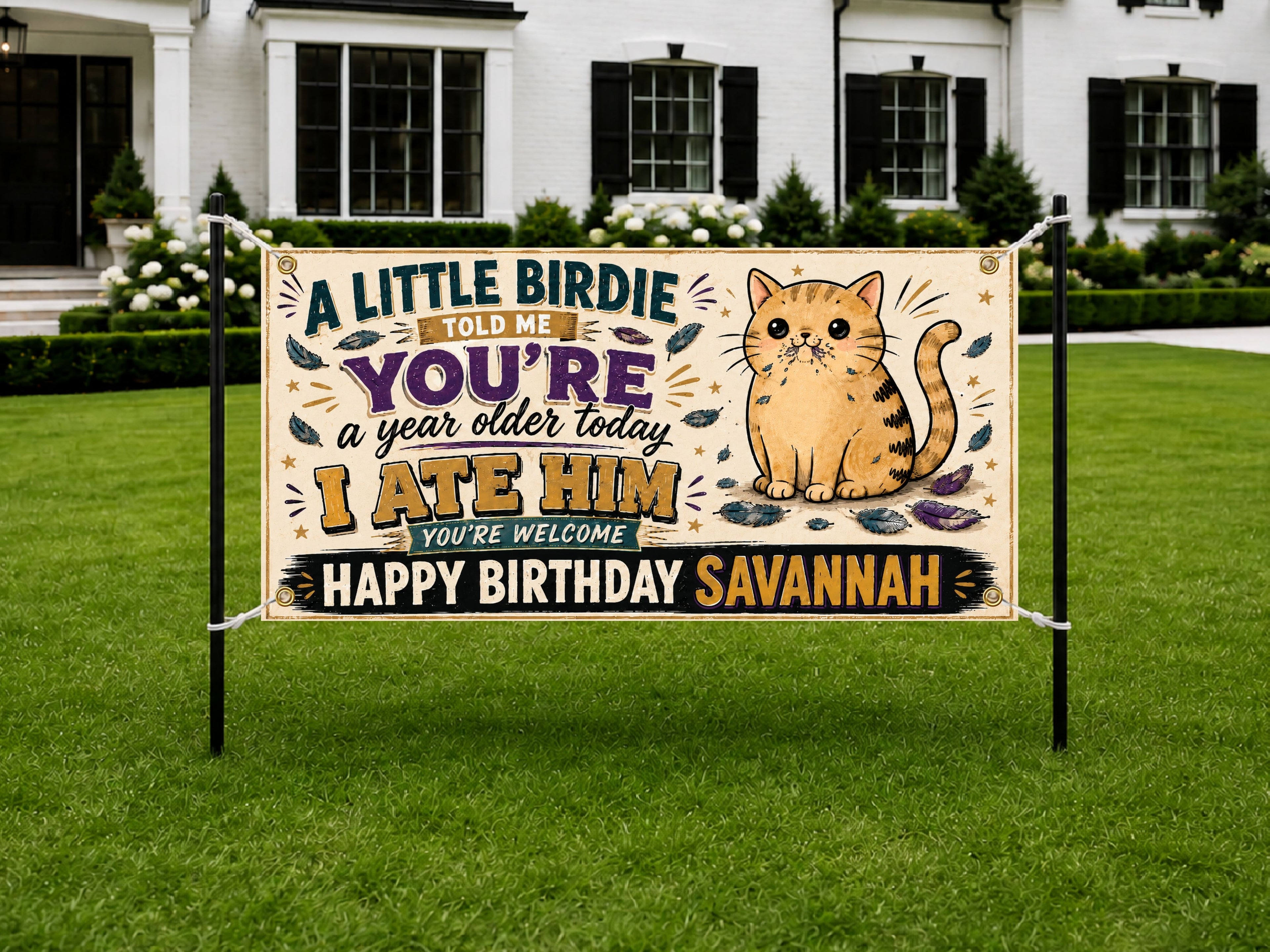 Funny Cat Birthday Banner, Birdie Joke Party Sign, Photo Backdrop