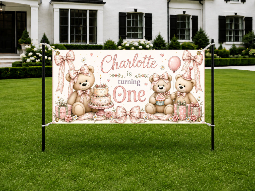 Personalized 1st Birthday Banner, Teddy Bear First Birthday Party Decoration, Custom One Birthday Sign for Girls