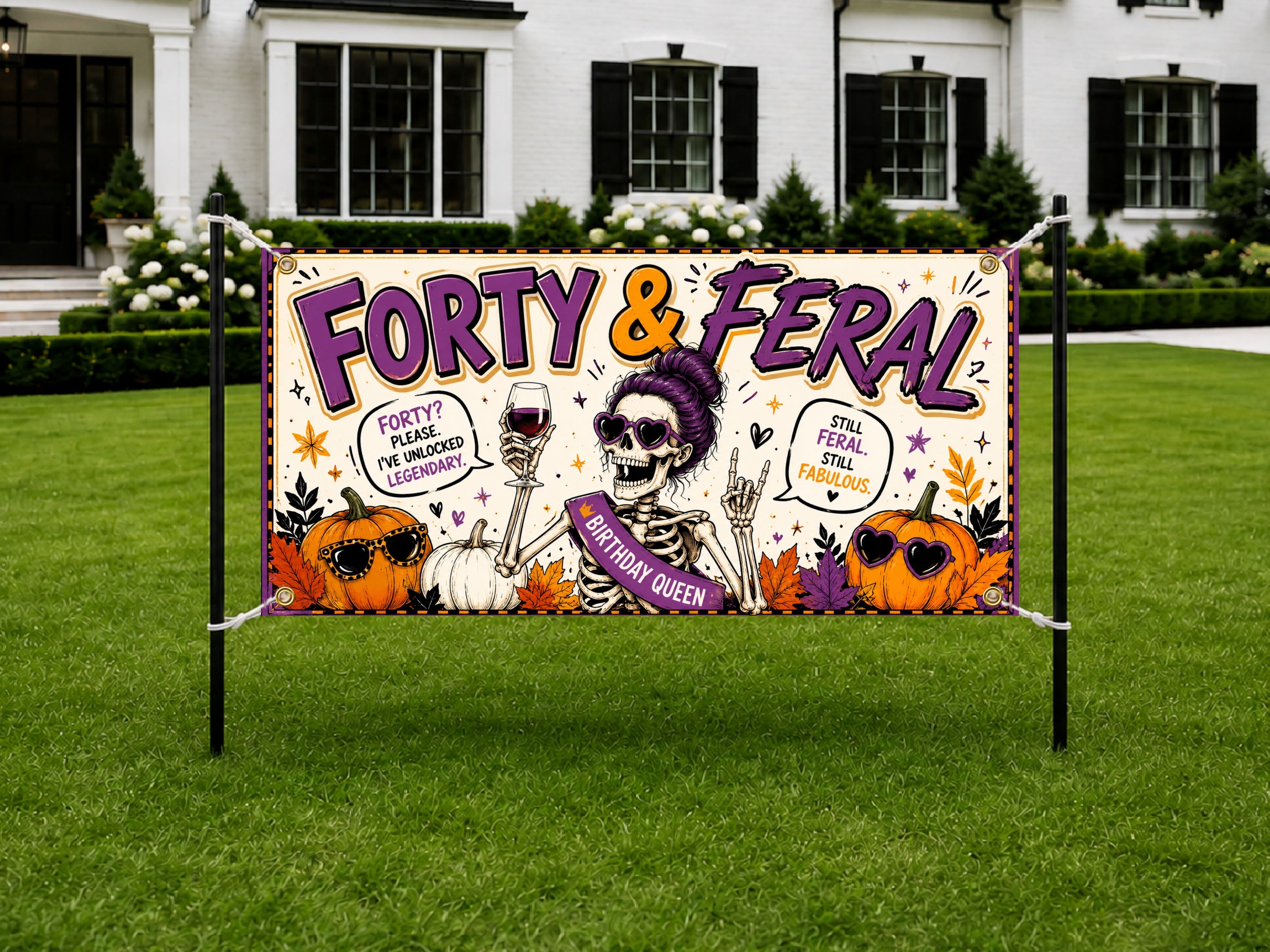 Funny 40th Birthday Banner, Skeleton Party Backdrop, Feral Birthday Decor