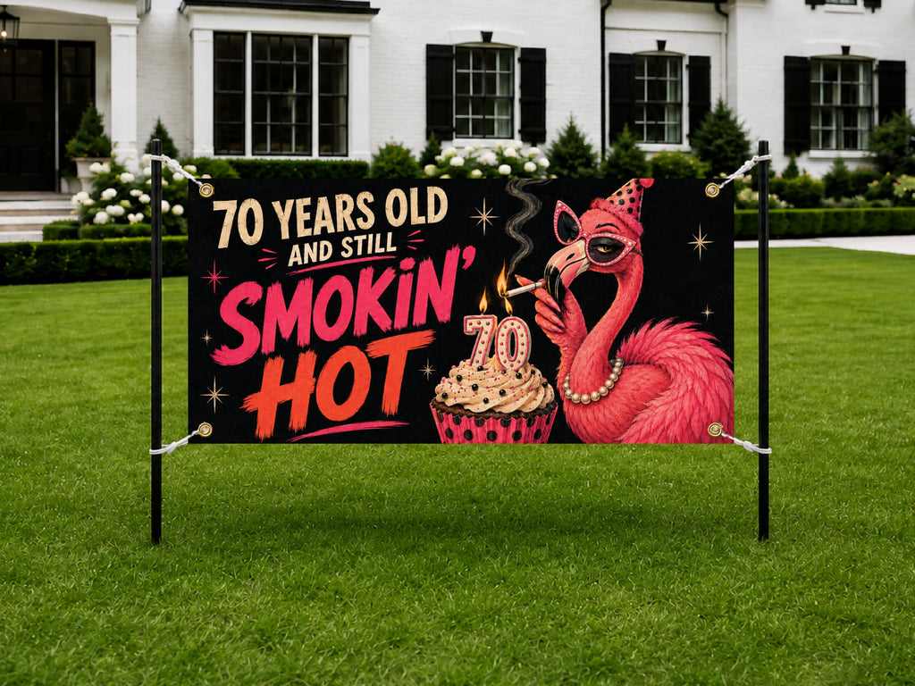 Funny 70th Birthday Banner, Flamingo Party Sign, Womens Backdrop