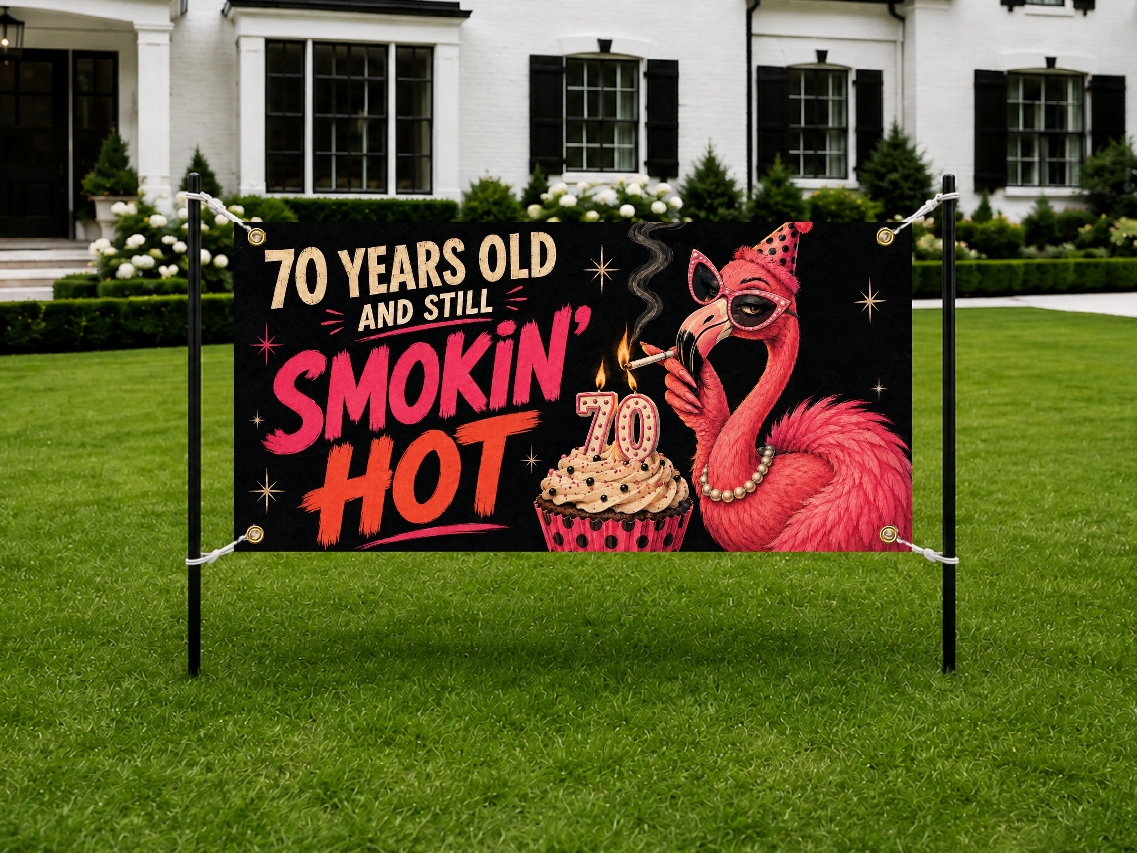 Funny 70th Birthday Banner, Flamingo Party Sign, Womens Backdrop