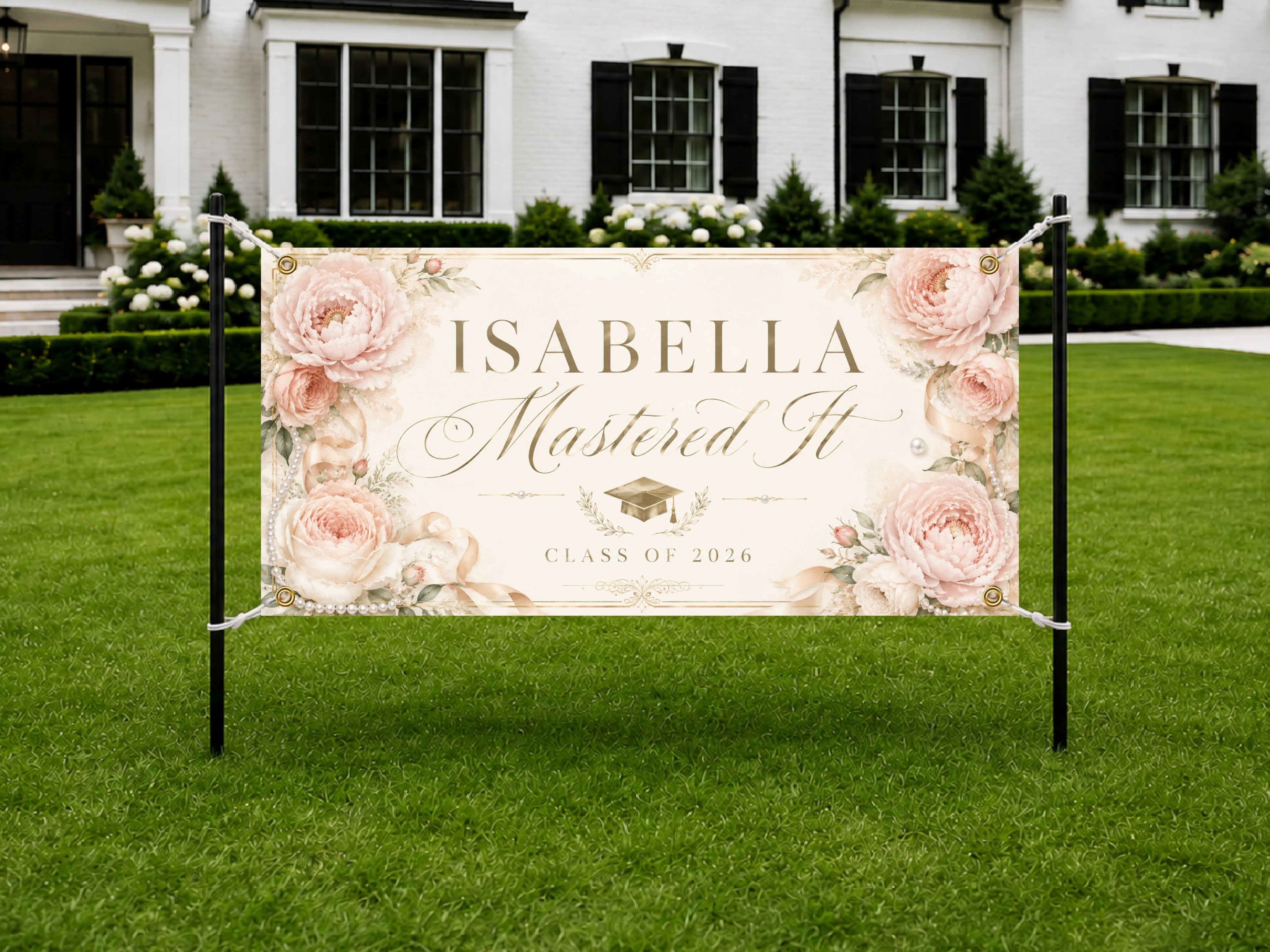 Masters Graduation Banner, Personalized Grad Party Sign, Floral Name Backdrop