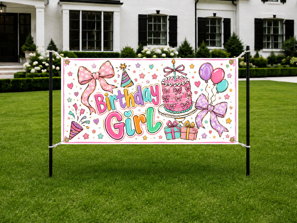 Birthday Girl Banner, Pink Birthday Party Decor, Cute Bow Theme Birthday Sign for Girls
