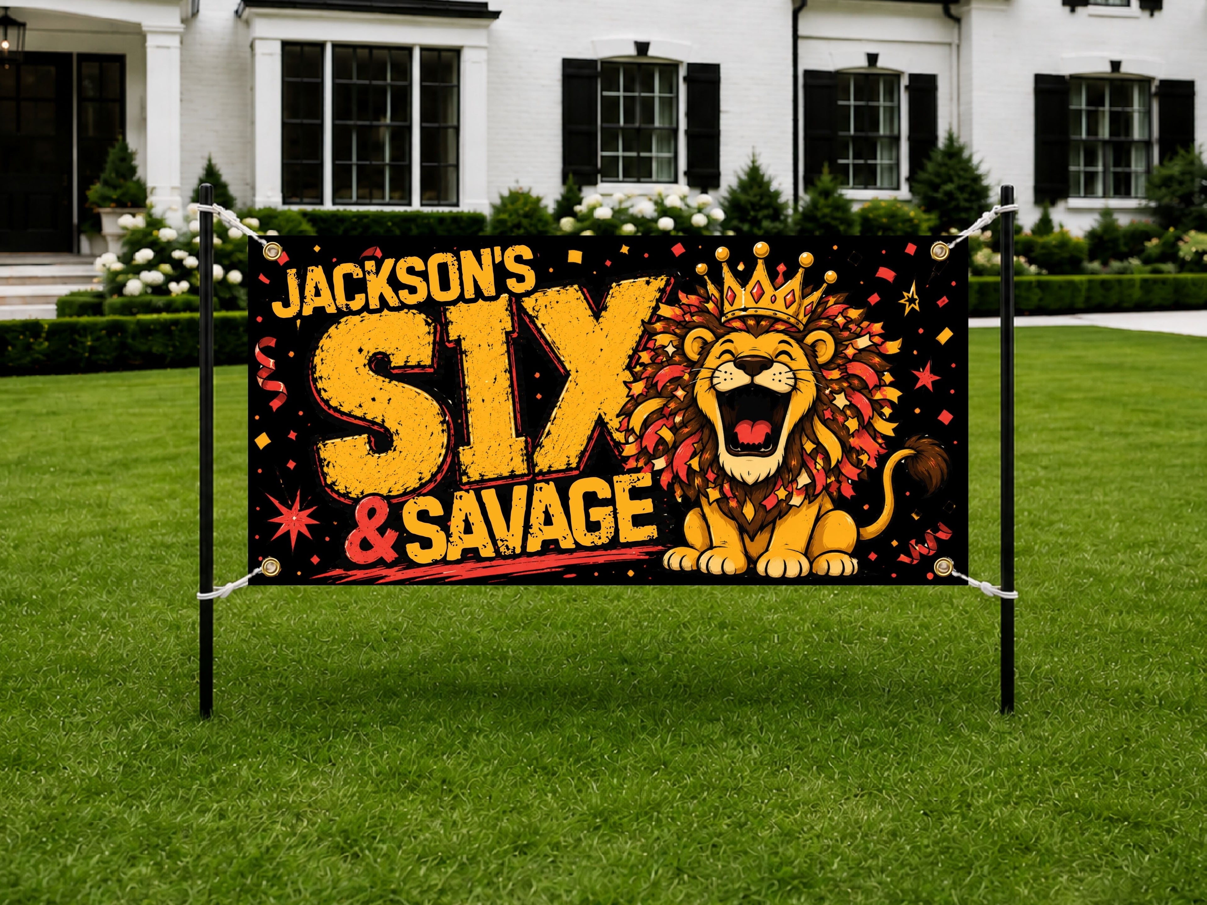6th Birthday Lion Birthday Banner, Funny Six & Savage Wild Sixth Birthday Celebration