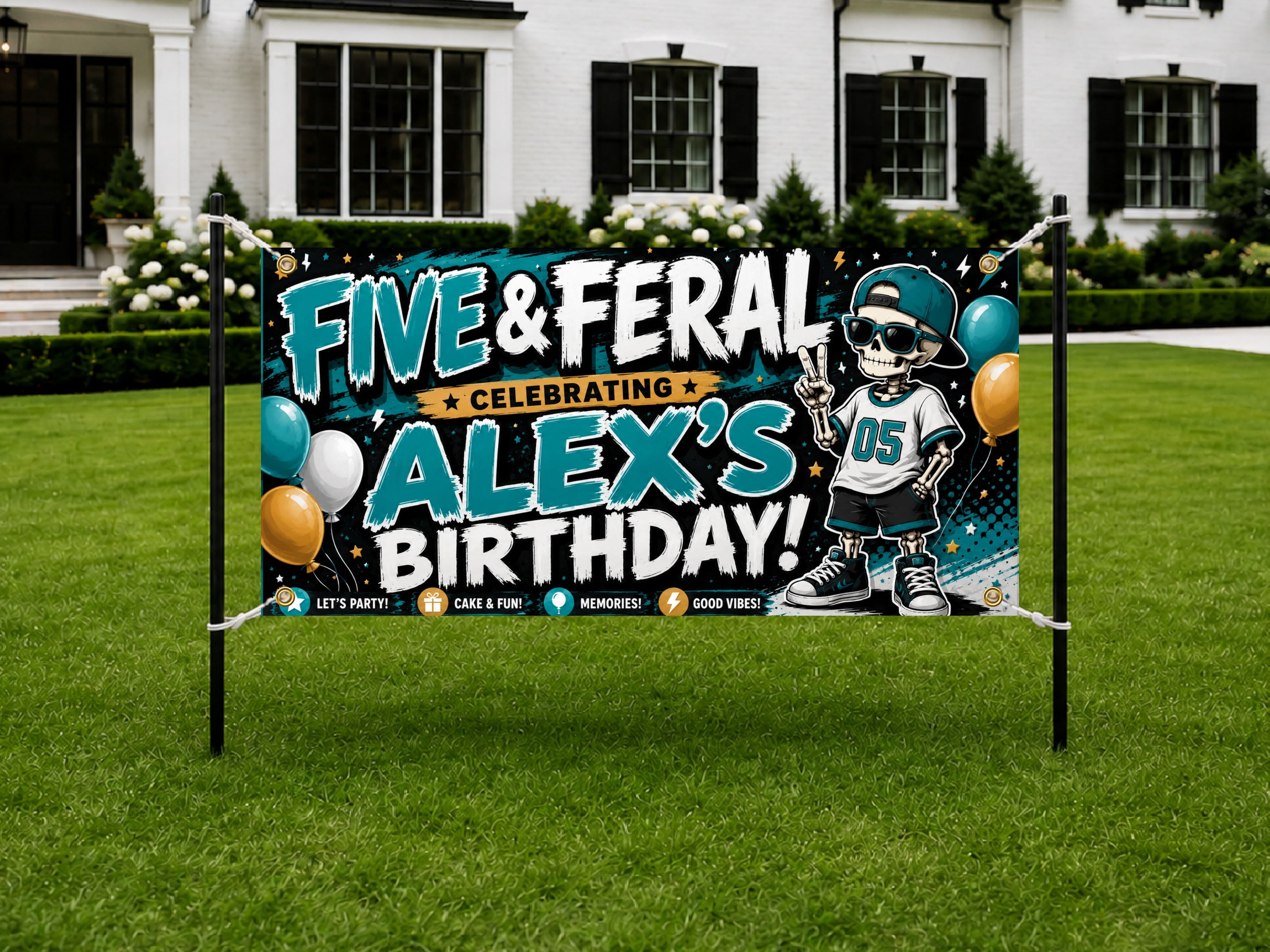 5th Birthday Funny Skeleton Sign Birthday Banner, Five and Feral Birthday Decor