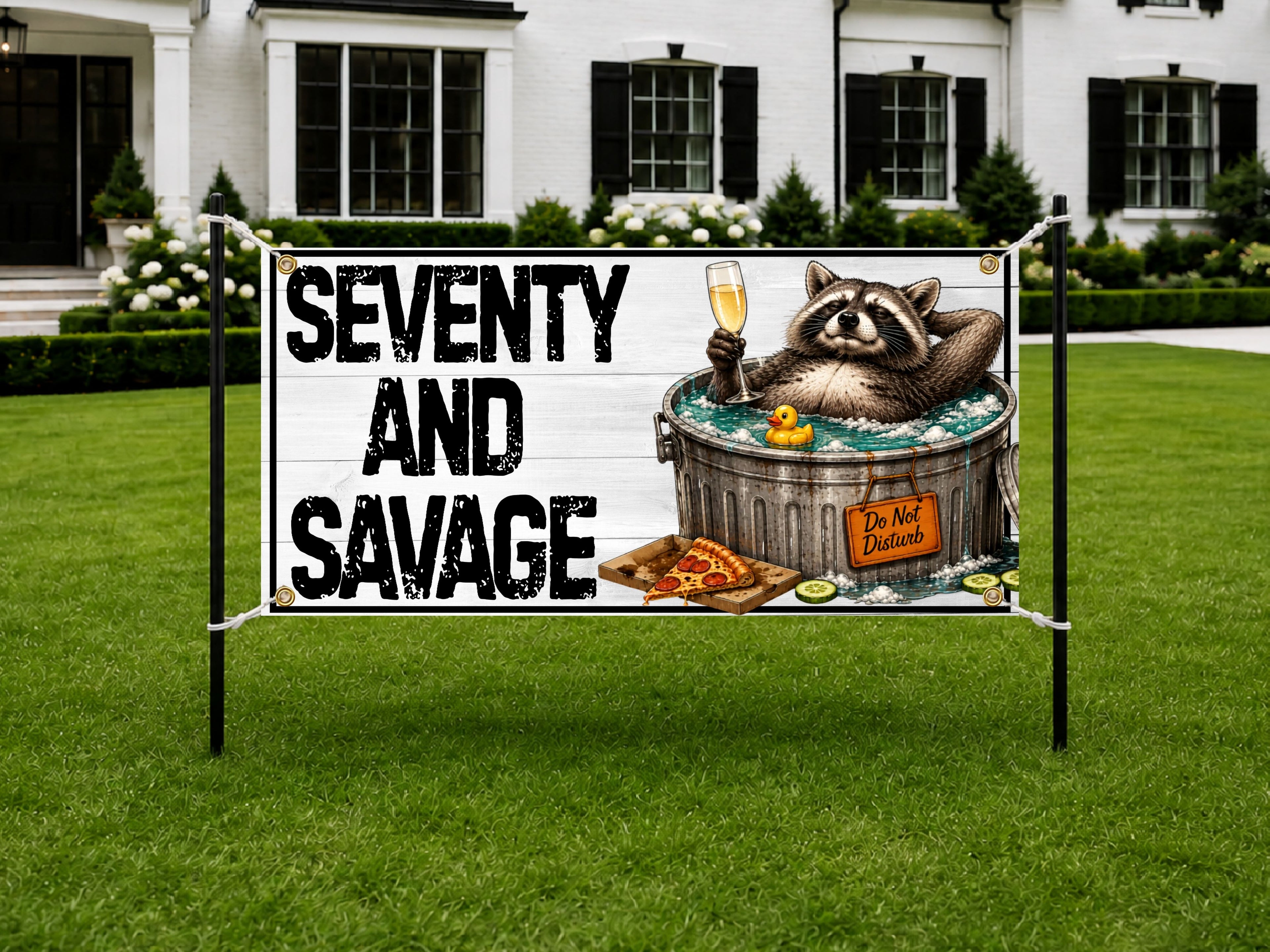 Funny 70th Birthday Banner, Seventy And Savage Sign, Raccoon Party Backdrop