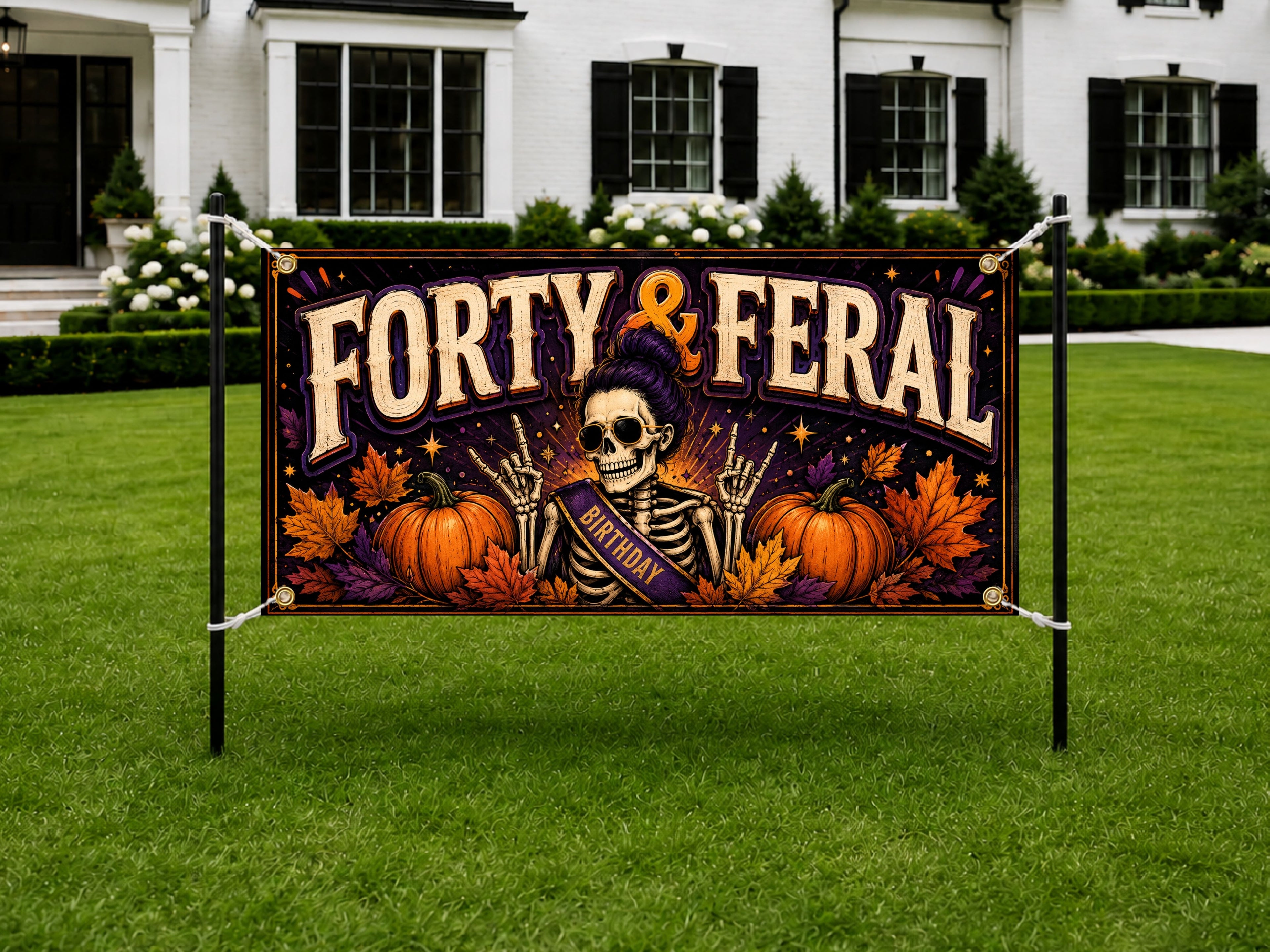 Funny 40th Birthday Banner, Skeleton Party Backdrop, Feral Birthday Decor